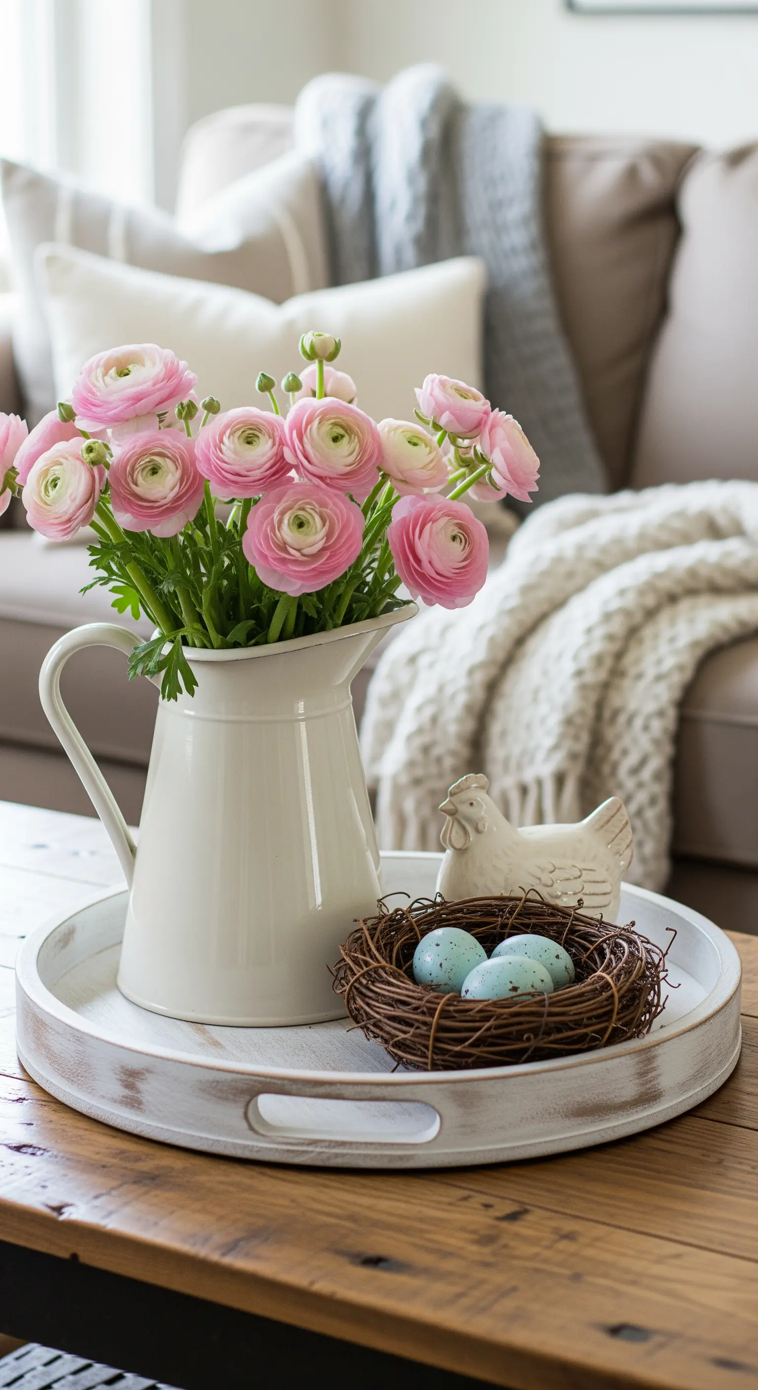 Weißer Krug mit rosa Ranunkeln und Vogelnest auf Tablett