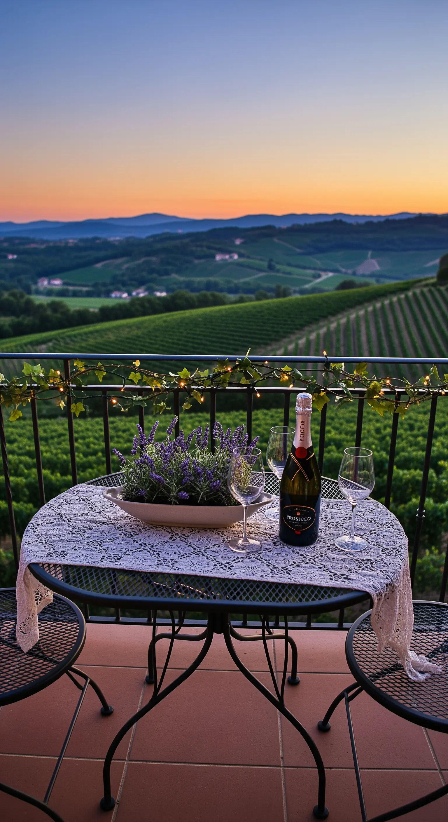 Balkon mit Blick auf Weinberge, Tisch mit Spitzendecke, Sekt und Lavendelkasten