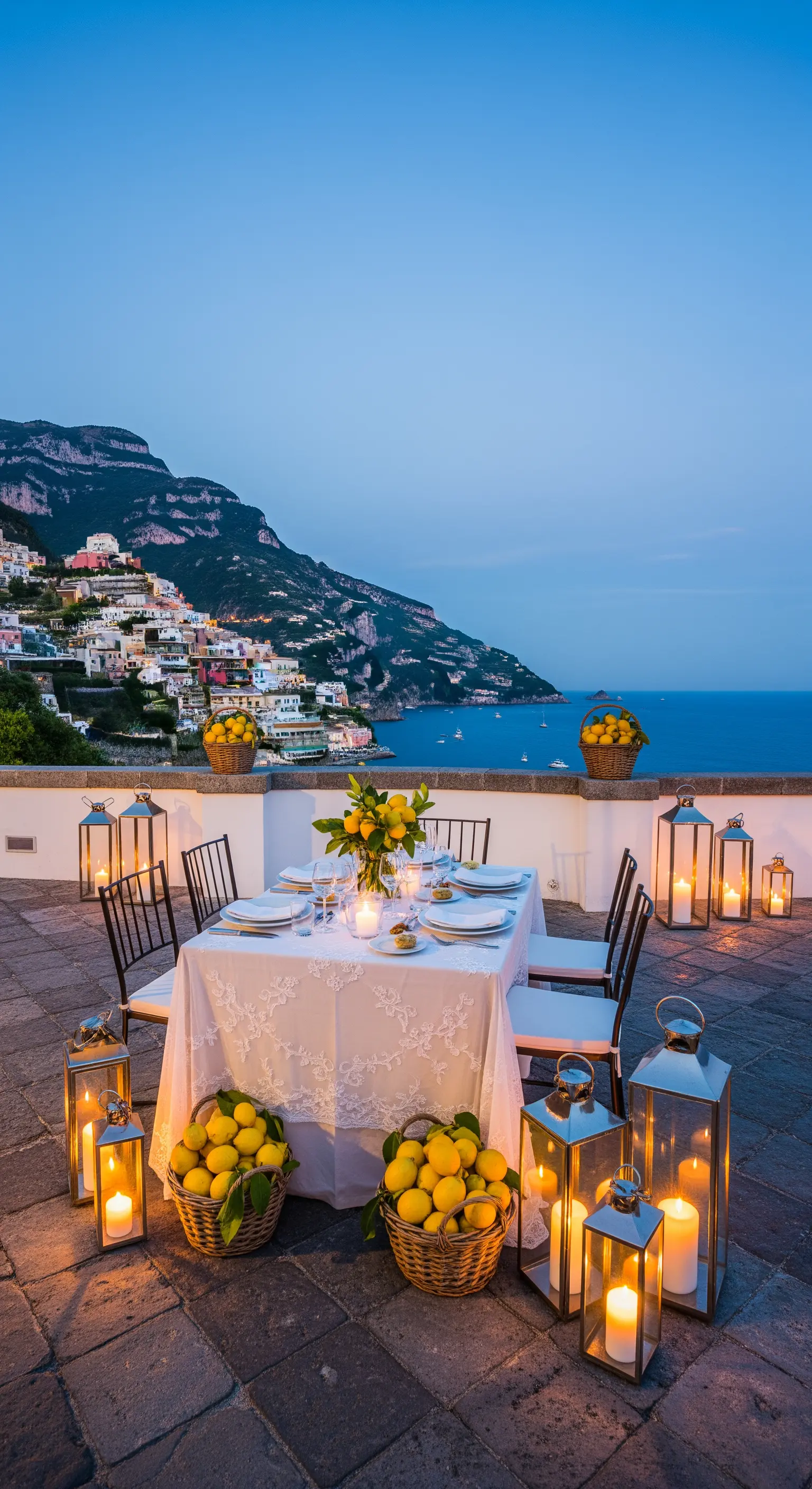 Terrasse mit Meerblick, Bodenlaternen und Zitronenkorb
