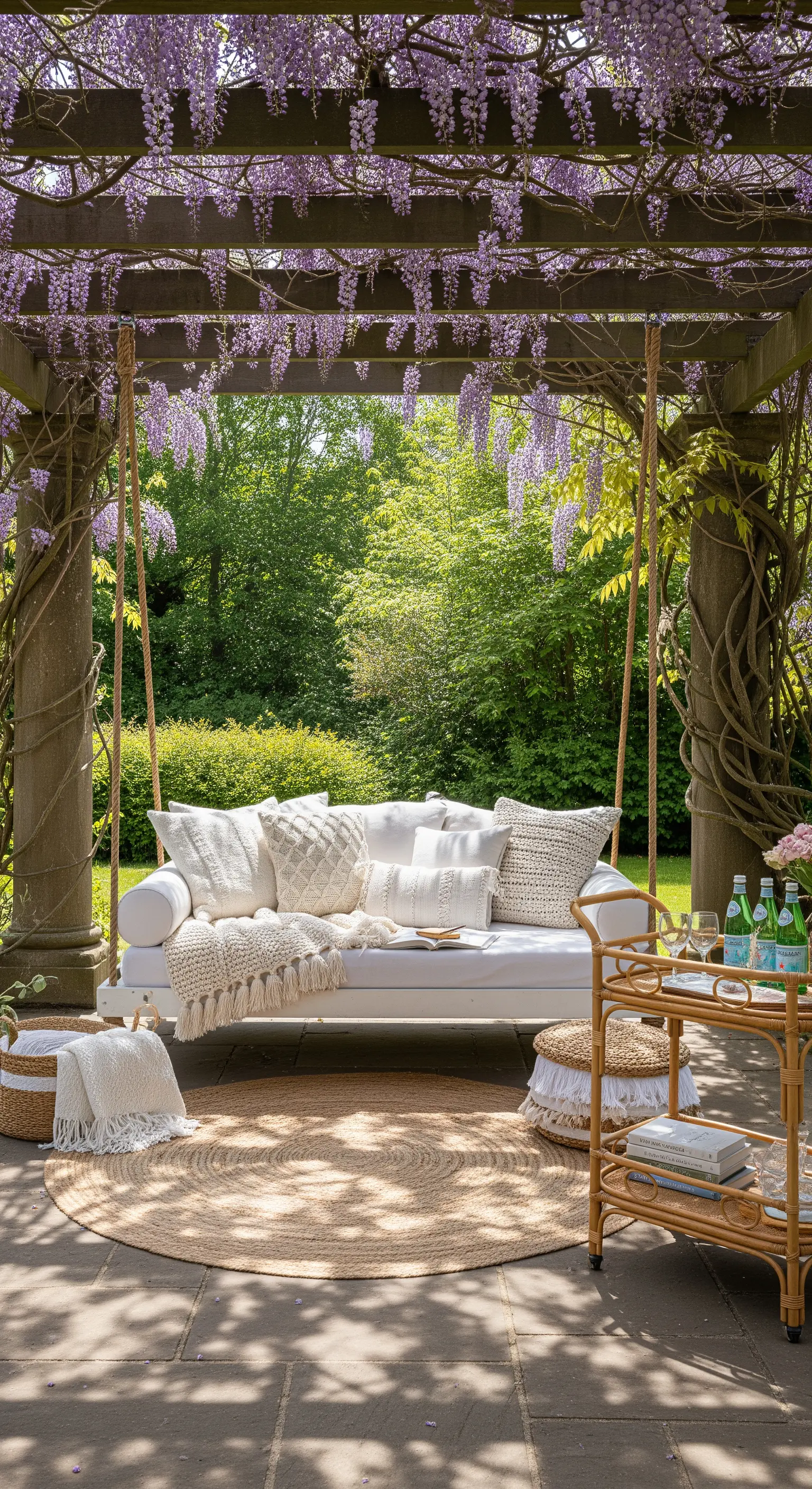 Hängesitzbank unter Blauregen-Pergola