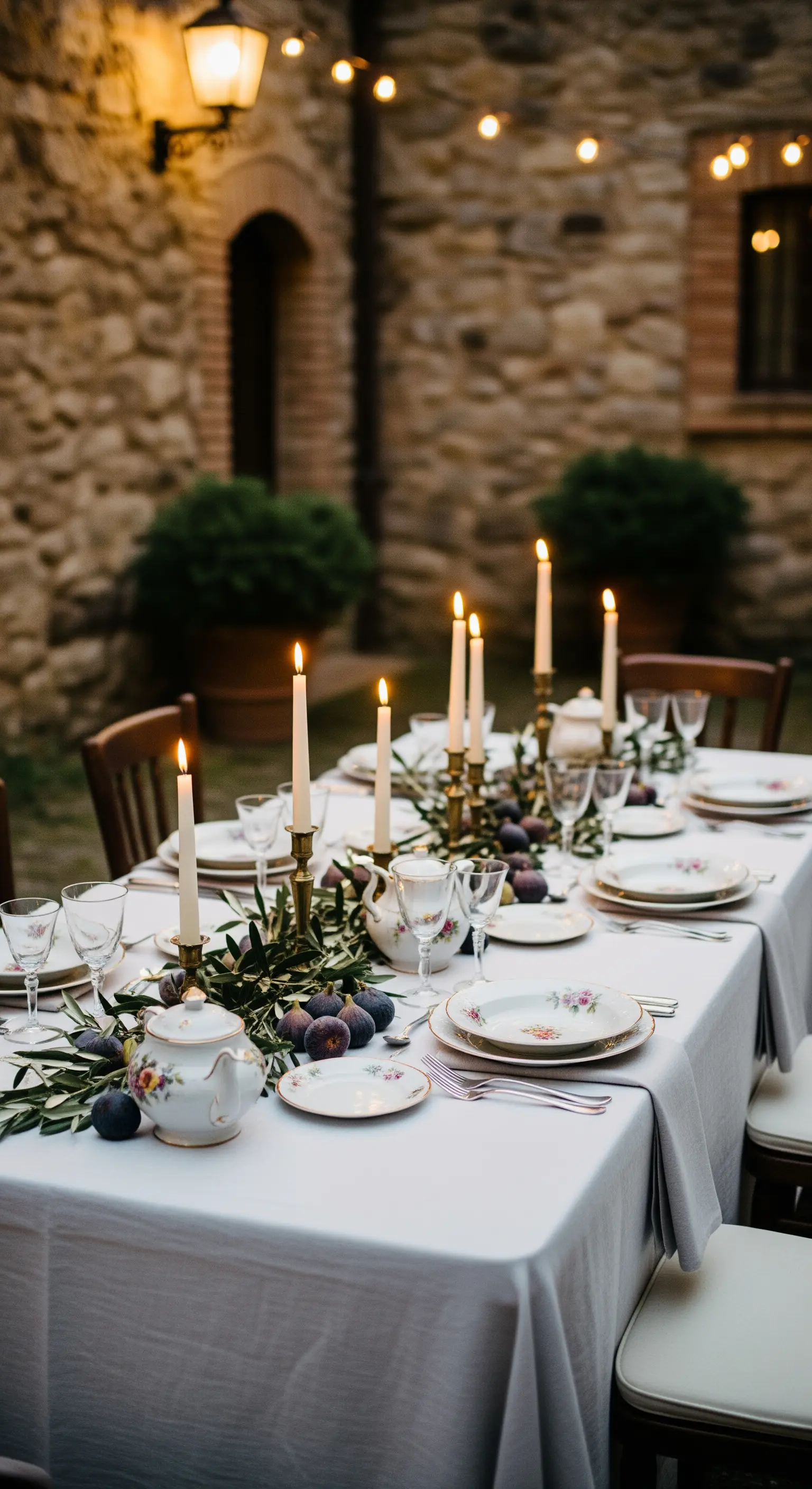 Abendliche Tischdeko mit vielen Kerzen, Feigen und Steinwand