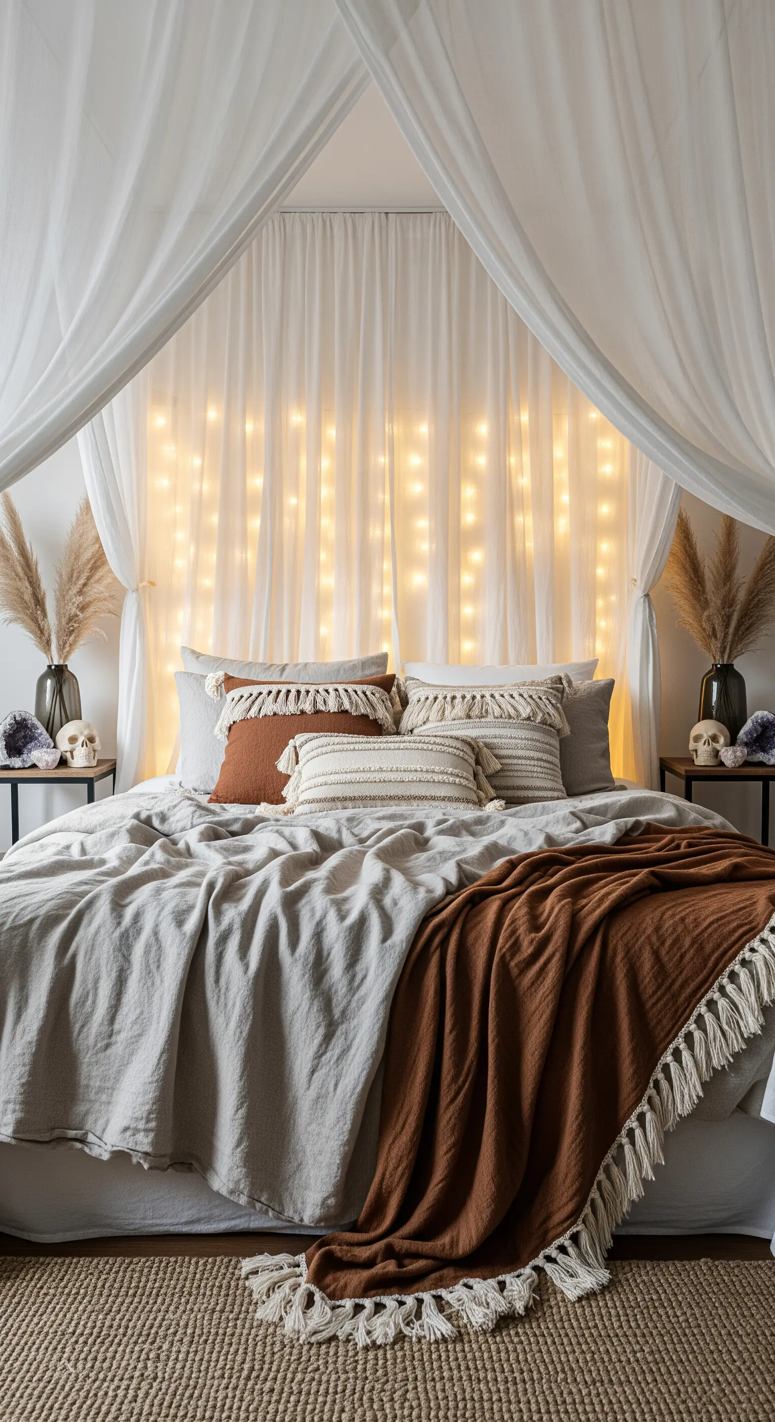 Boho Schlafzimmer mit Lichterketten-Vorhang und Totenköpfen