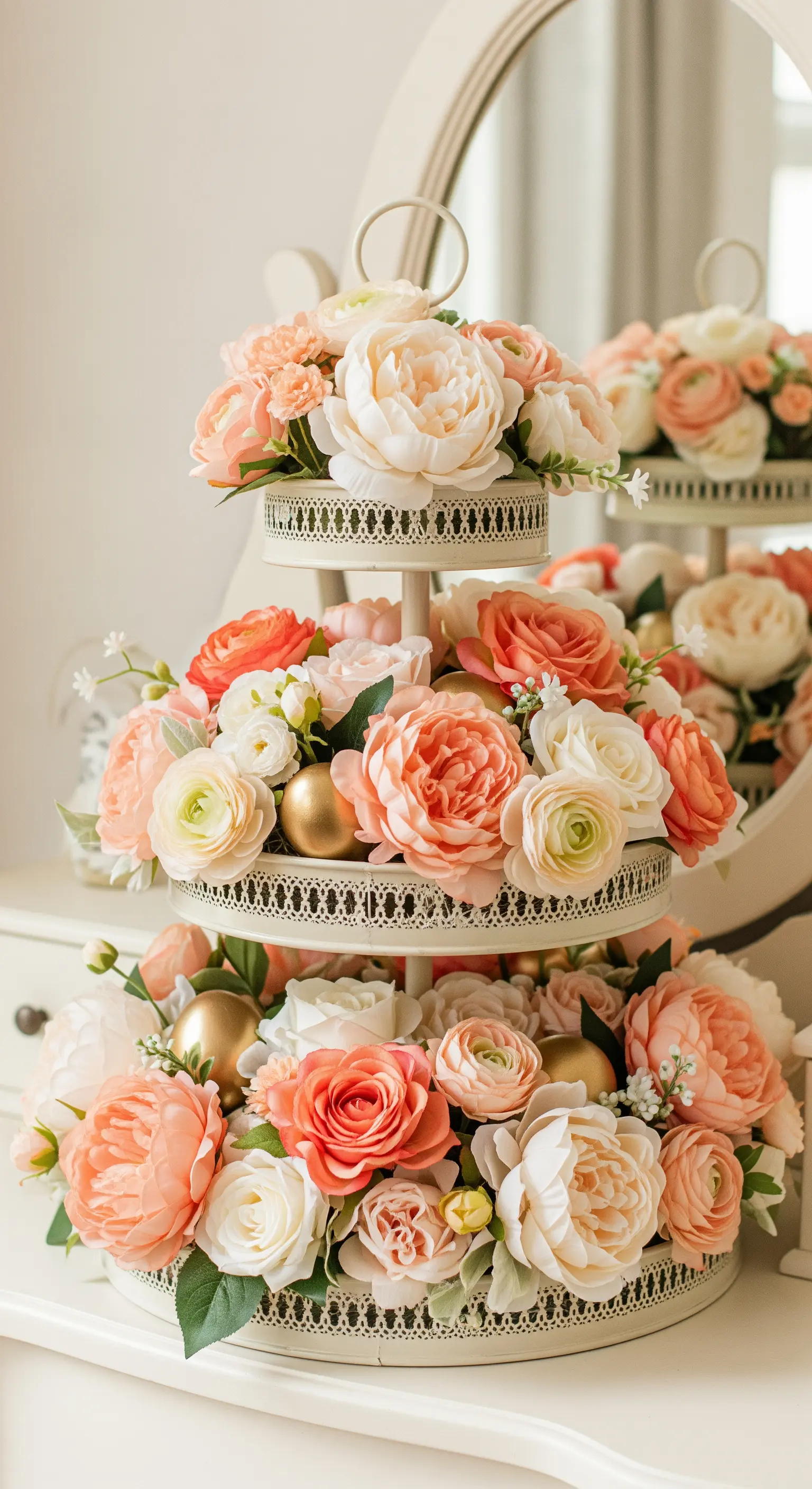Creme-Etagere mit pfirsichfarbenen Blüten und Eiern