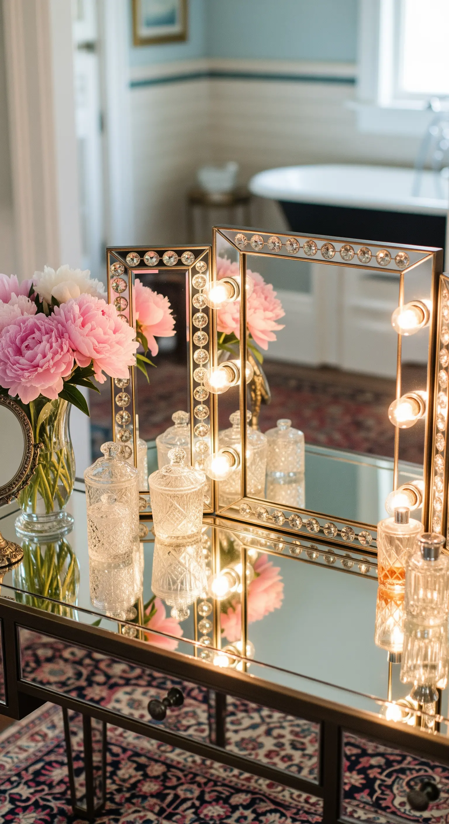 Schminktisch mit Hollywood-Spiegel, rosa Blumen und Kristallgläsern