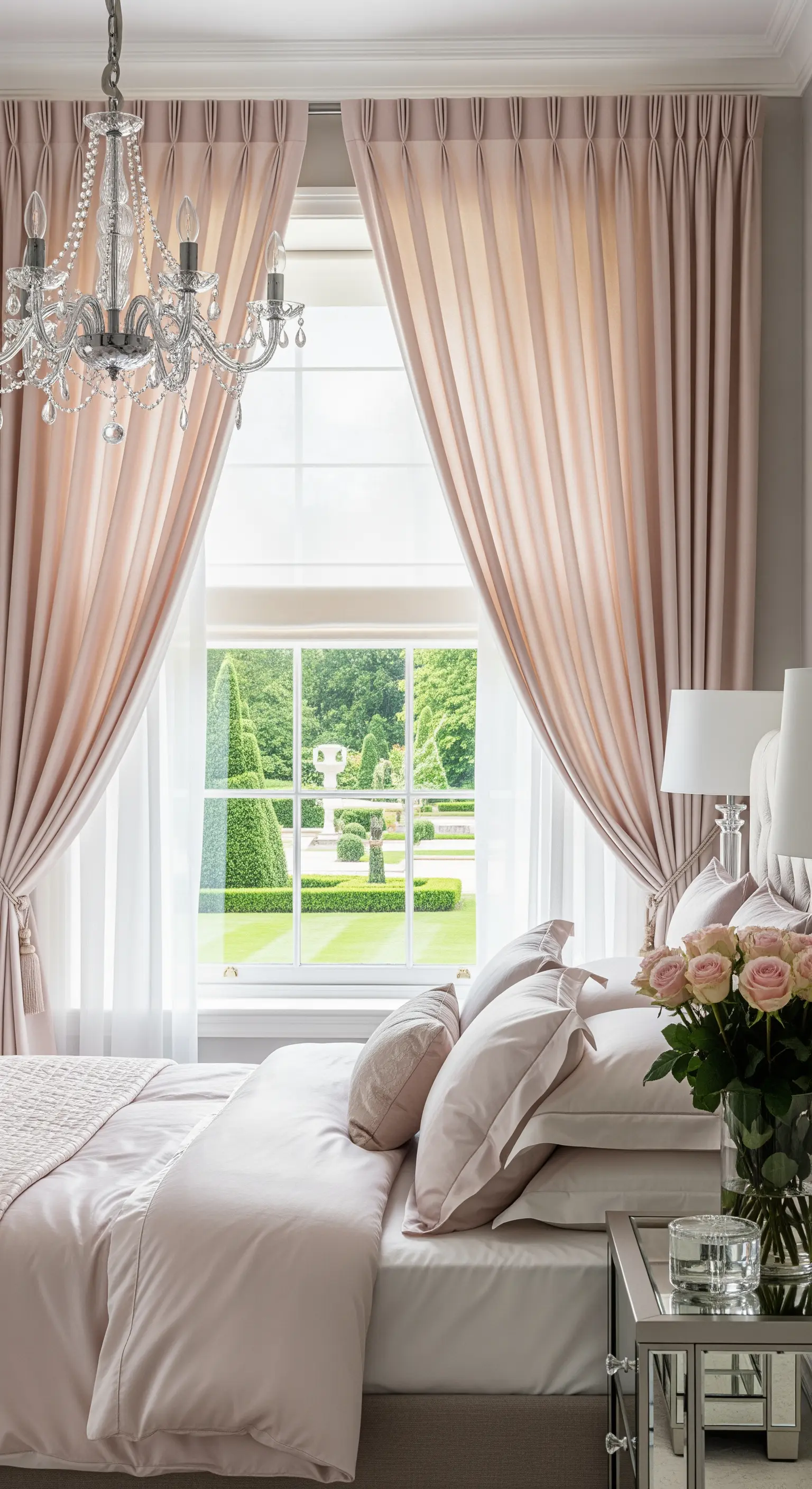 Rosa Vorhänge passend zur Bettwäsche mit Gartenblick