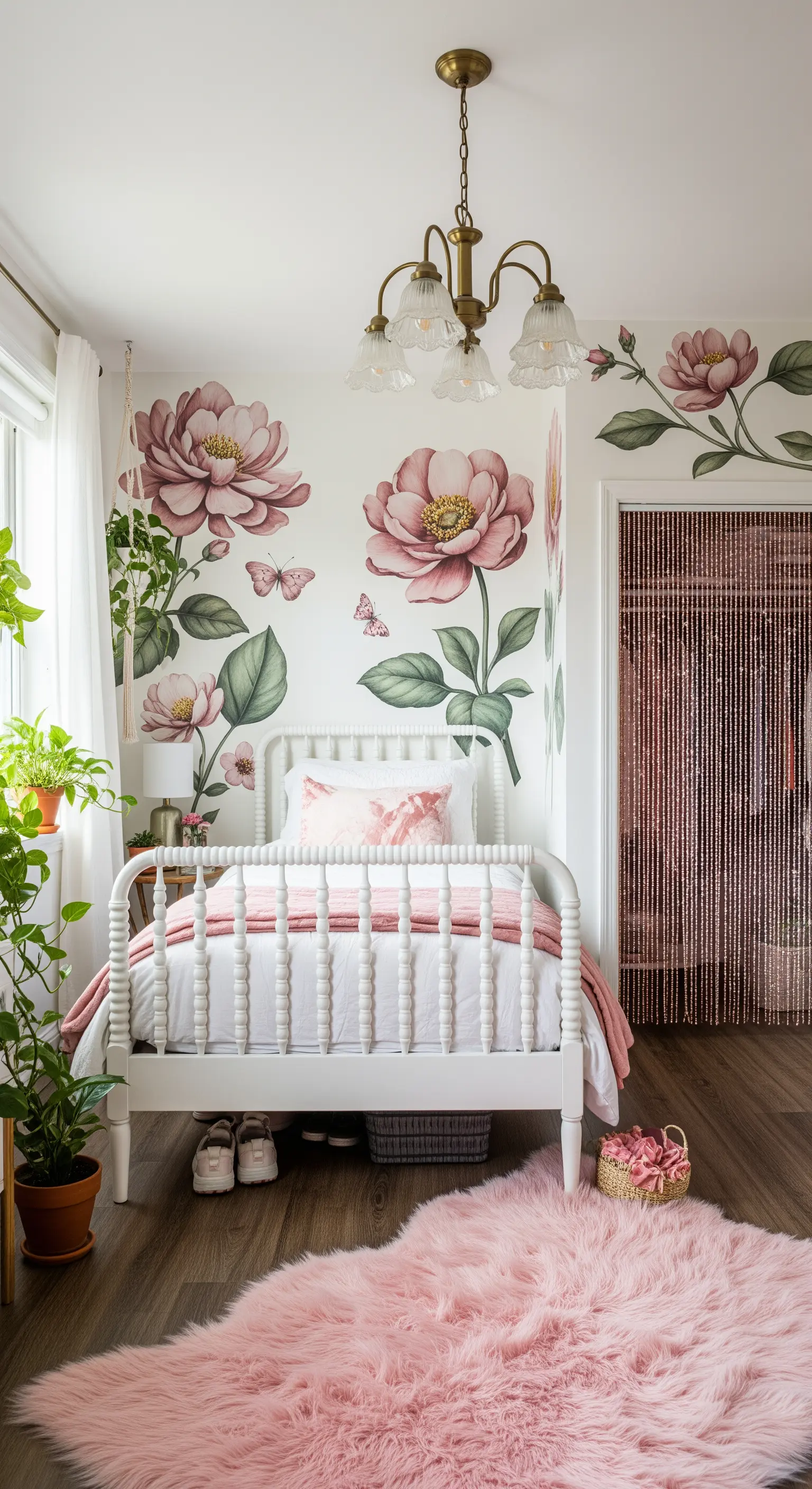 Wand mit großen Pfingstrosen-Aufklebern und weißem Spindelbett