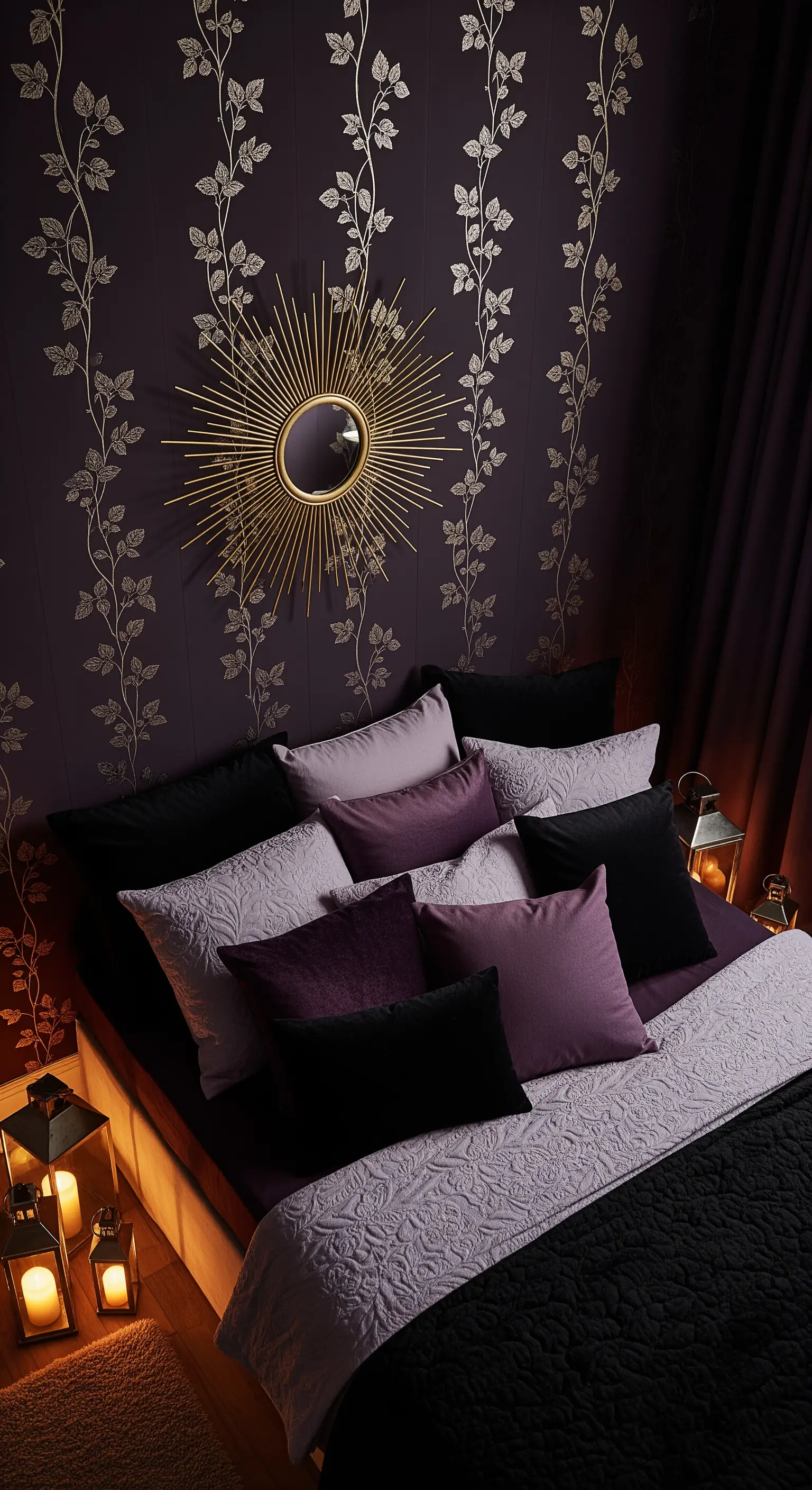 Lila Tapete mit goldenen Blumenranken und vielen Kissen
