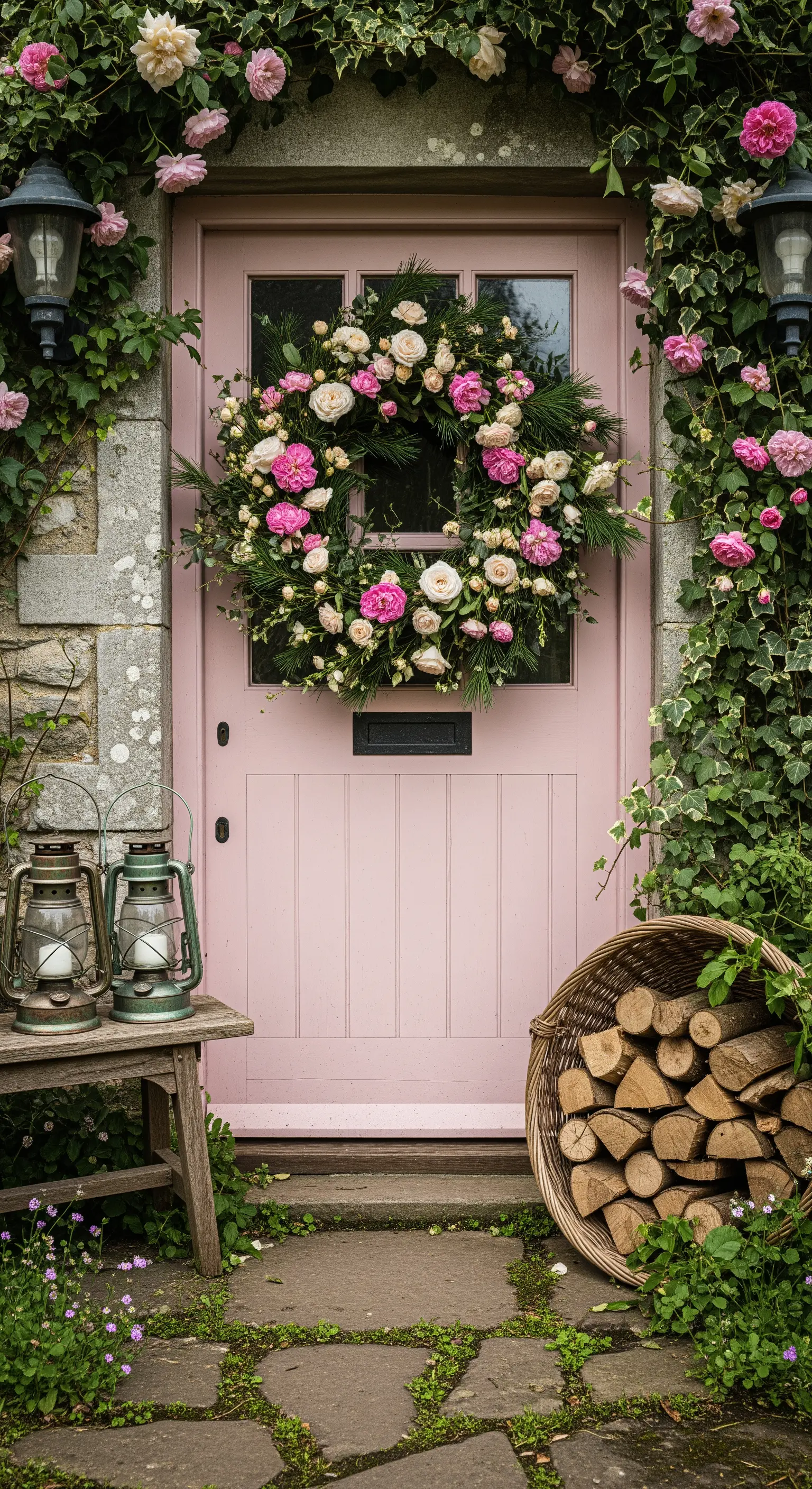 Rosa Tür mit Blumenkranz und Holzkorb