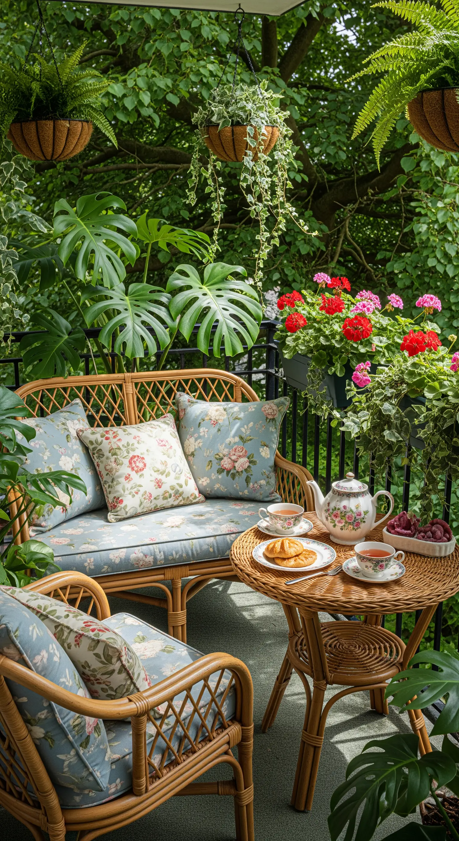 Kleine Sitzgruppe mit floralen Kissen, Teegeschirr und üppiger Bepflanzung