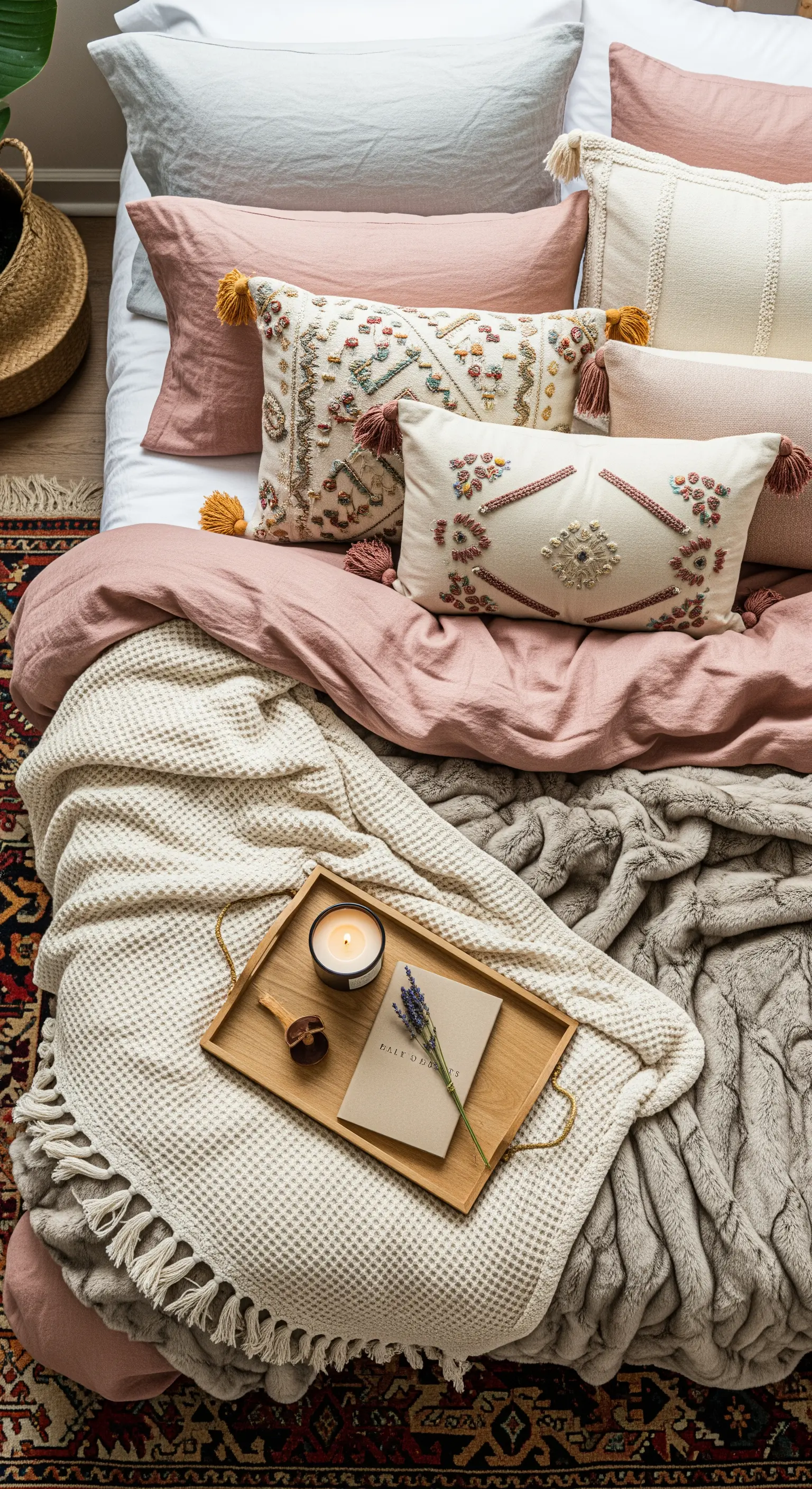 Bett mit rosa Leinenwäsche und bestickten Boho-Kissen