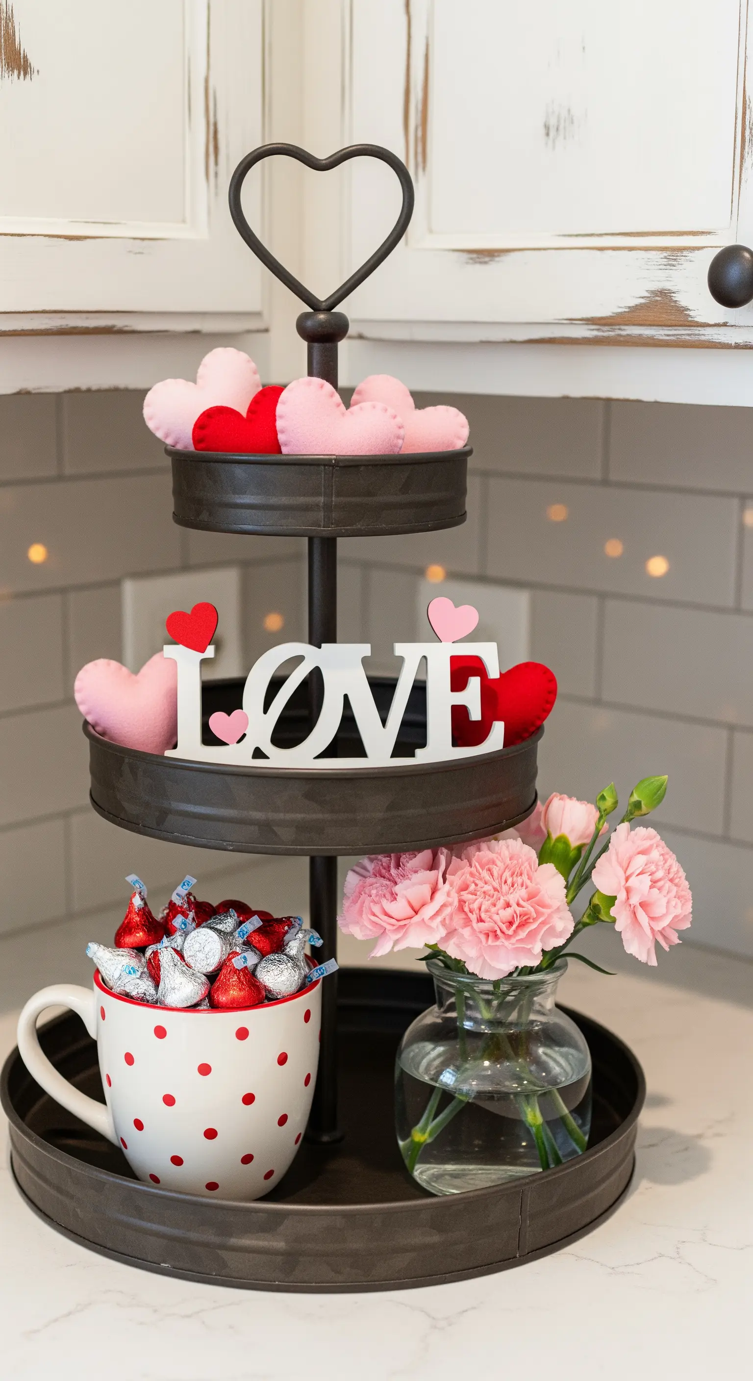 Schwarze Etagere mit Filzherzen, Love-Schriftzug und rosa Blumen