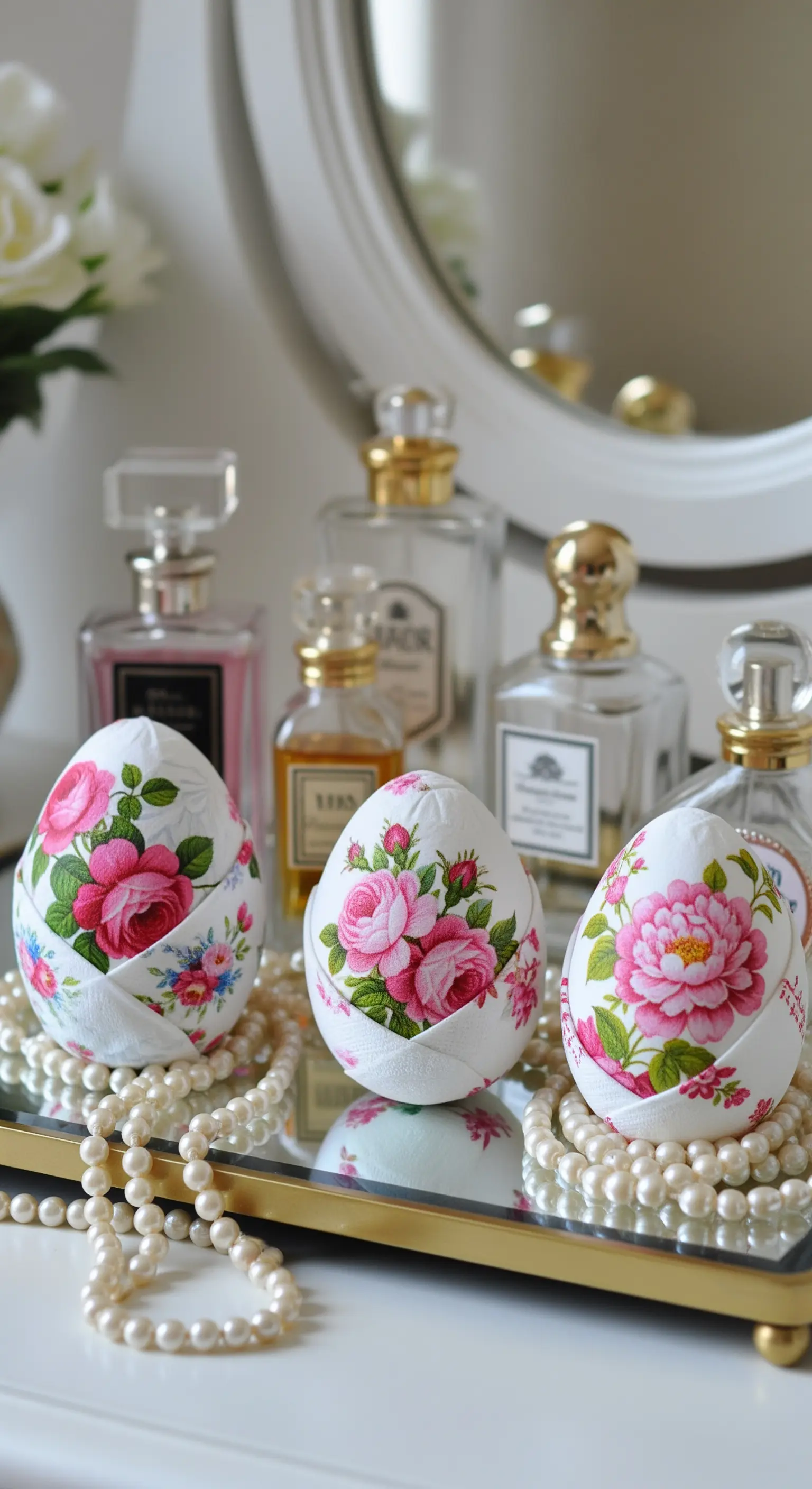 Große Eier mit Rosenmotiven und Perlen auf Spiegeltablett
