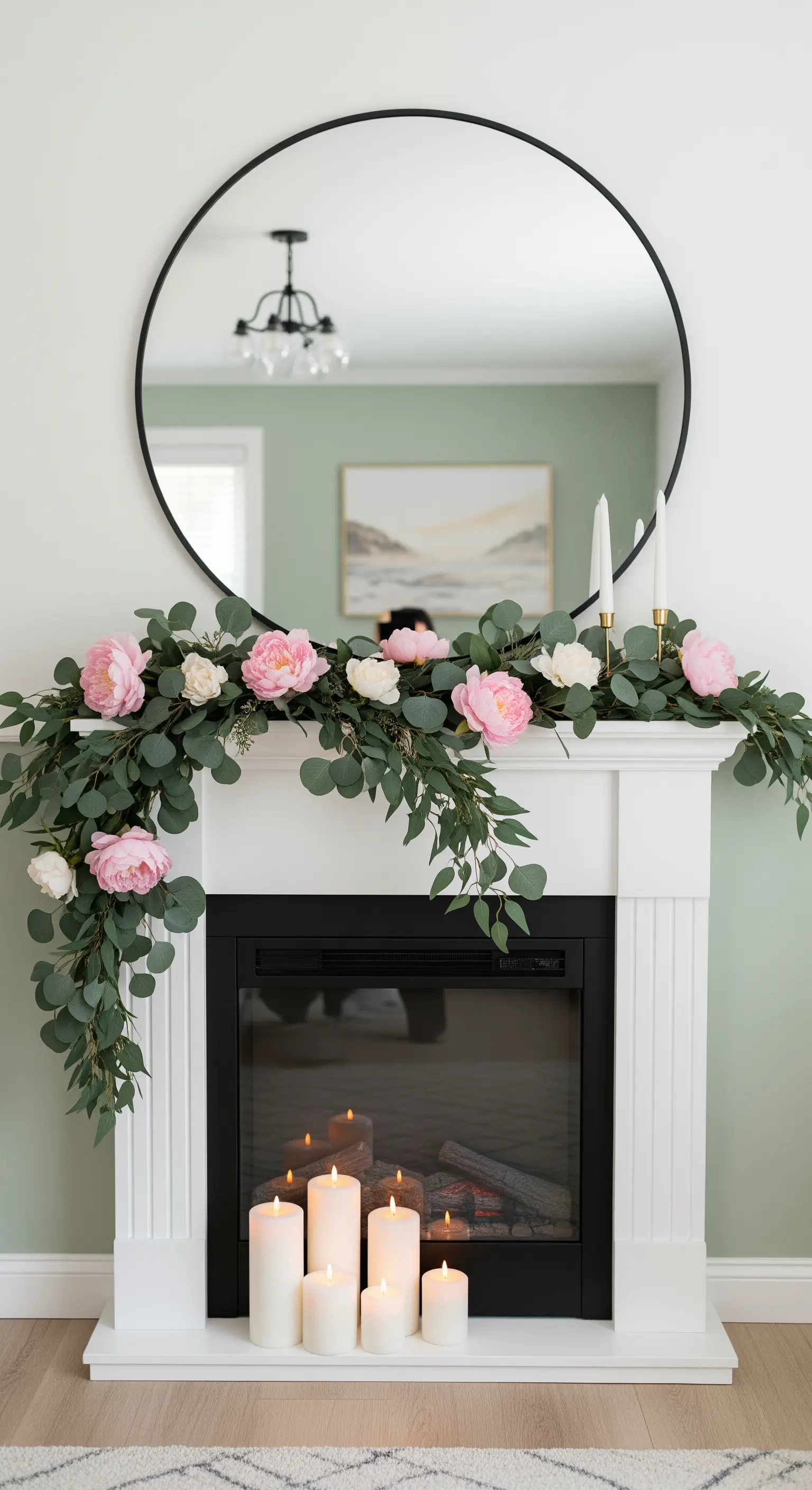 Üppige Frühlingsgirlande mit rosa Pfingstrosen auf weißem Kamin