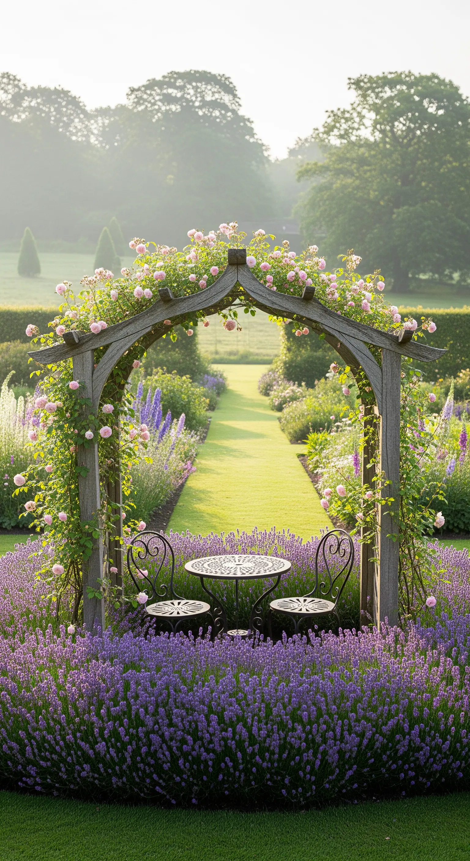 Holzbogen mit Kletterrosen und Lavendelunterpflanzung im Garten
