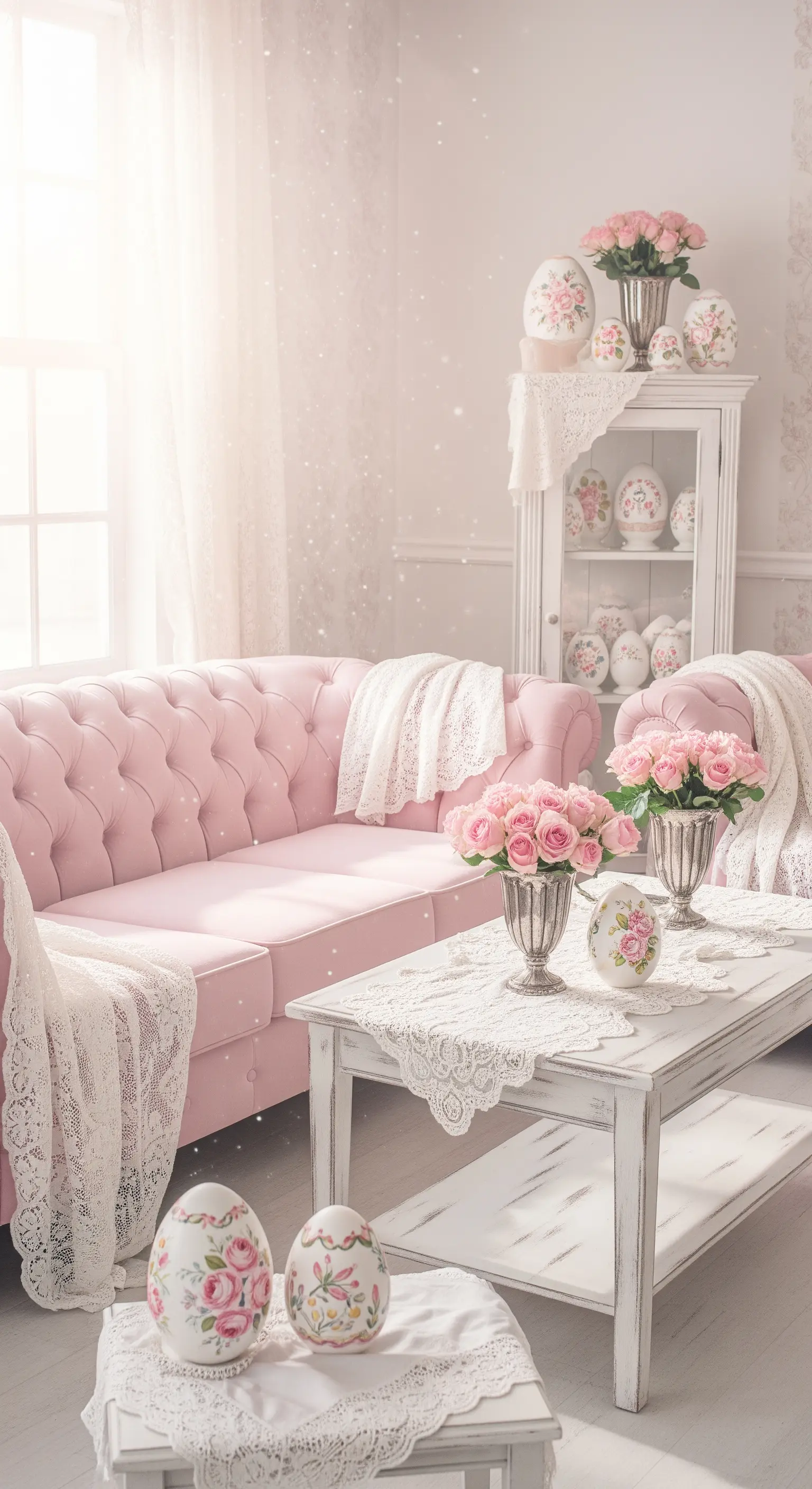Rosa Sofa mit Spitzendecken und floralen Porzellaneiern