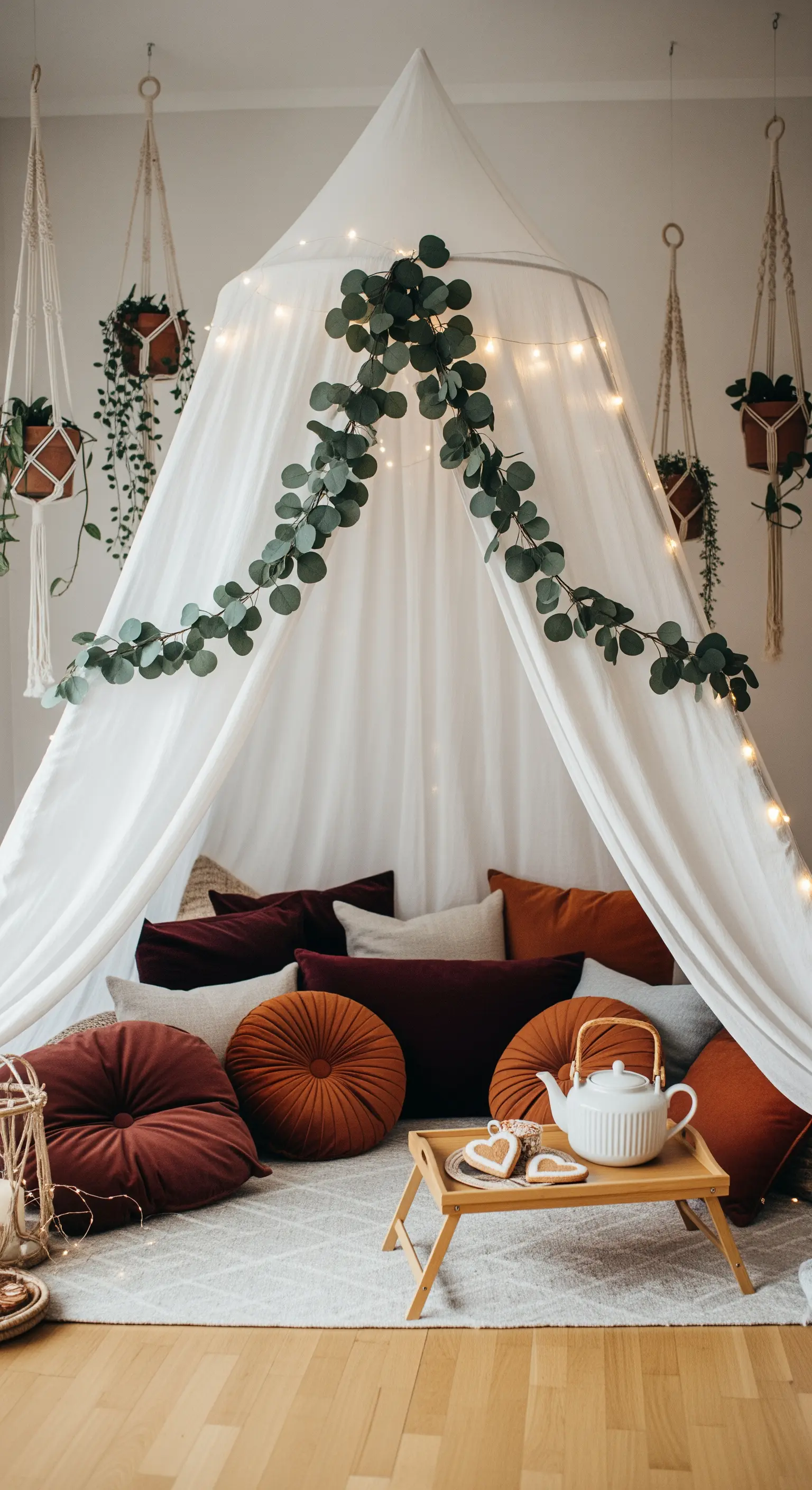 Weißes Baldachin-Zelt mit Eukalyptus-Girlande und Kissen