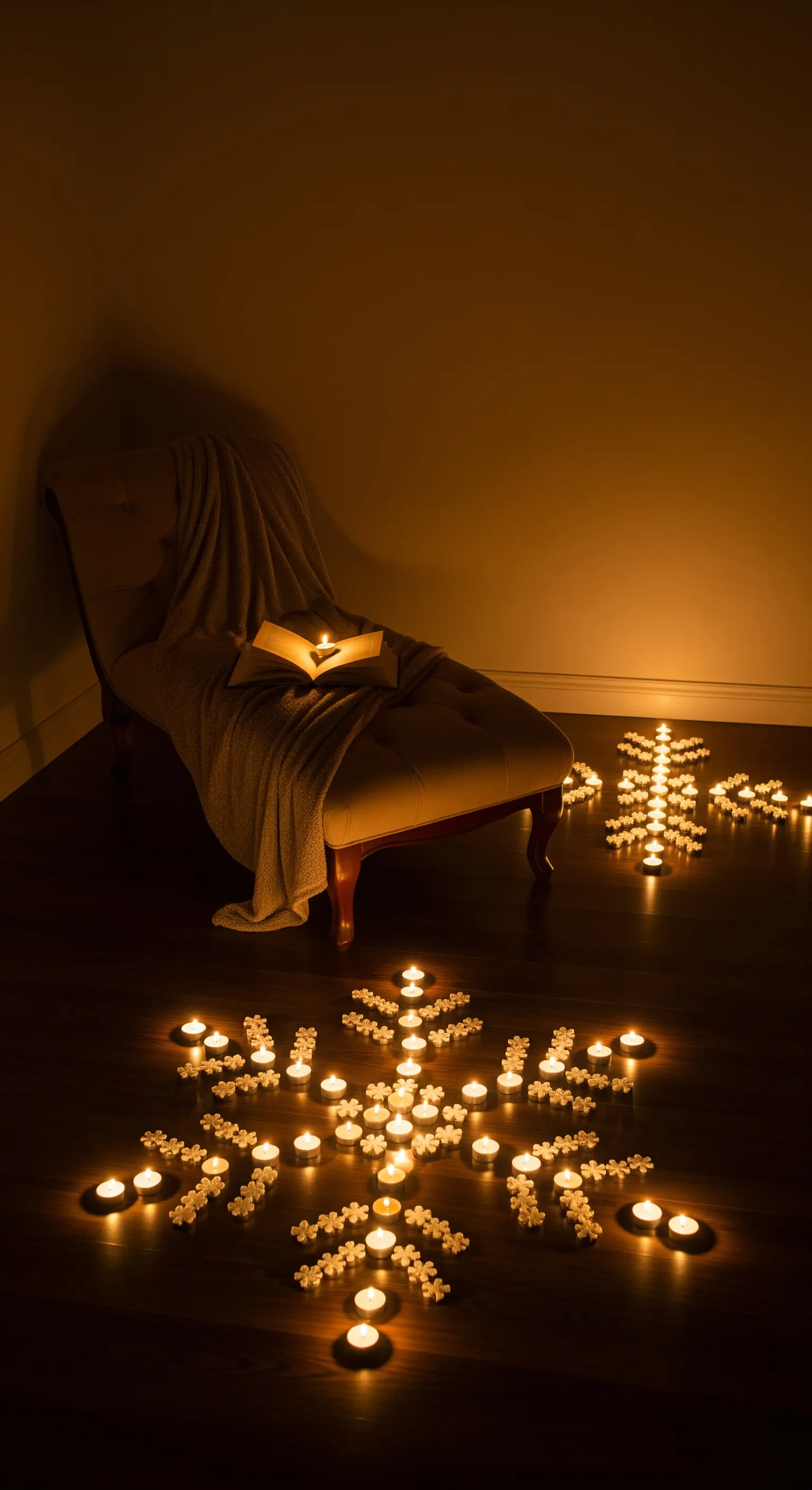 Teelichter auf dunklem Boden in Form einer Schneeflocke arrangiert