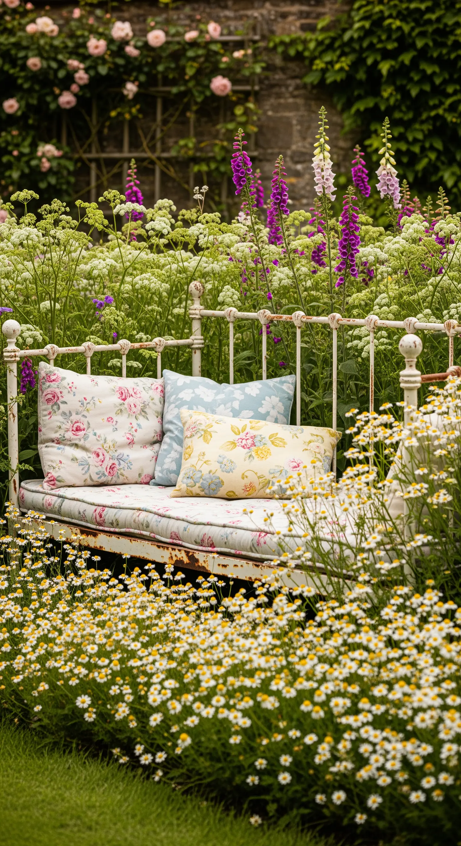 Weißes Metallbett inmitten einer hohen Wildblumenwiese