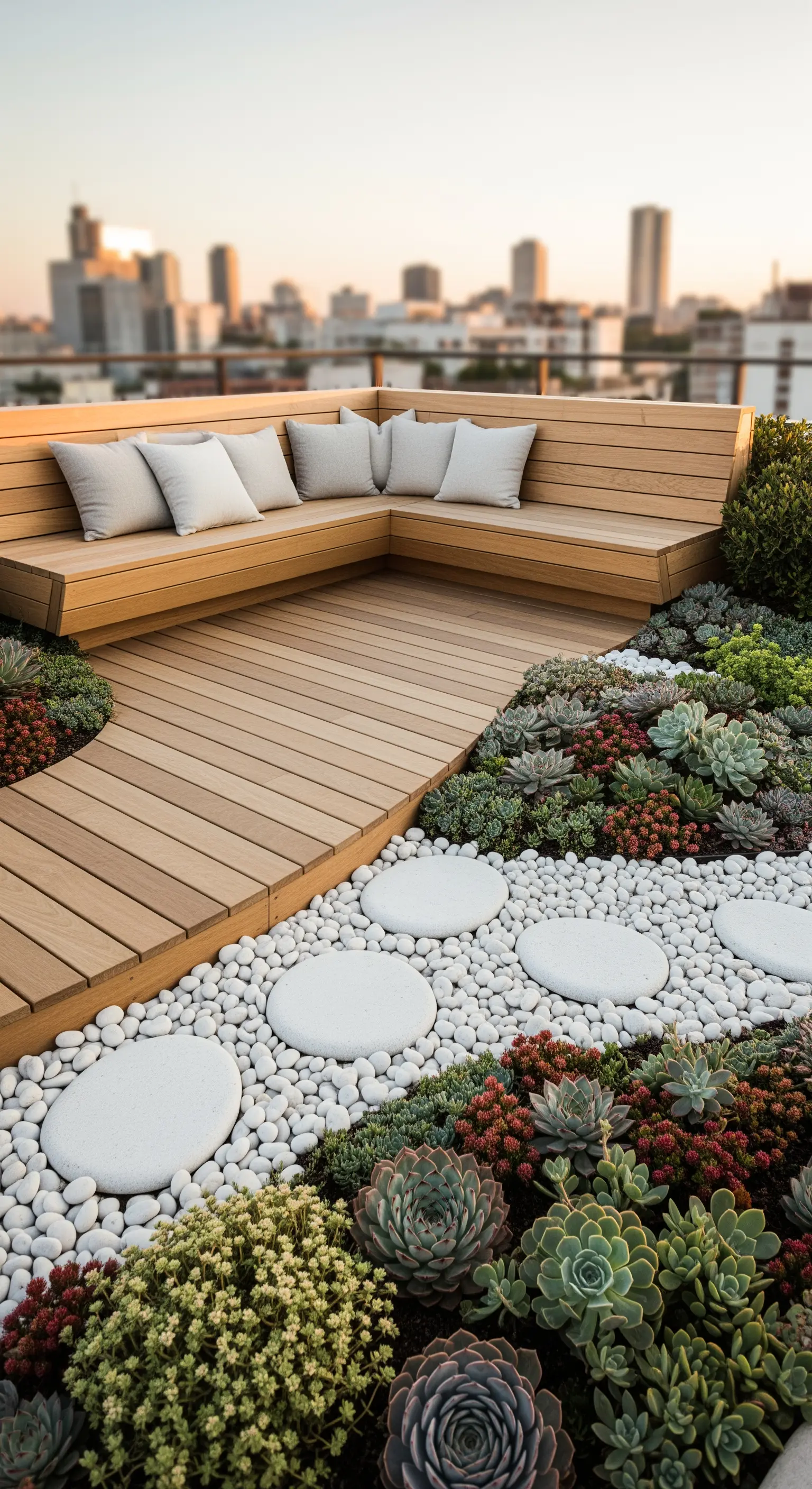 Dachterrasse mit Holzdeck und integrierter Eckbank