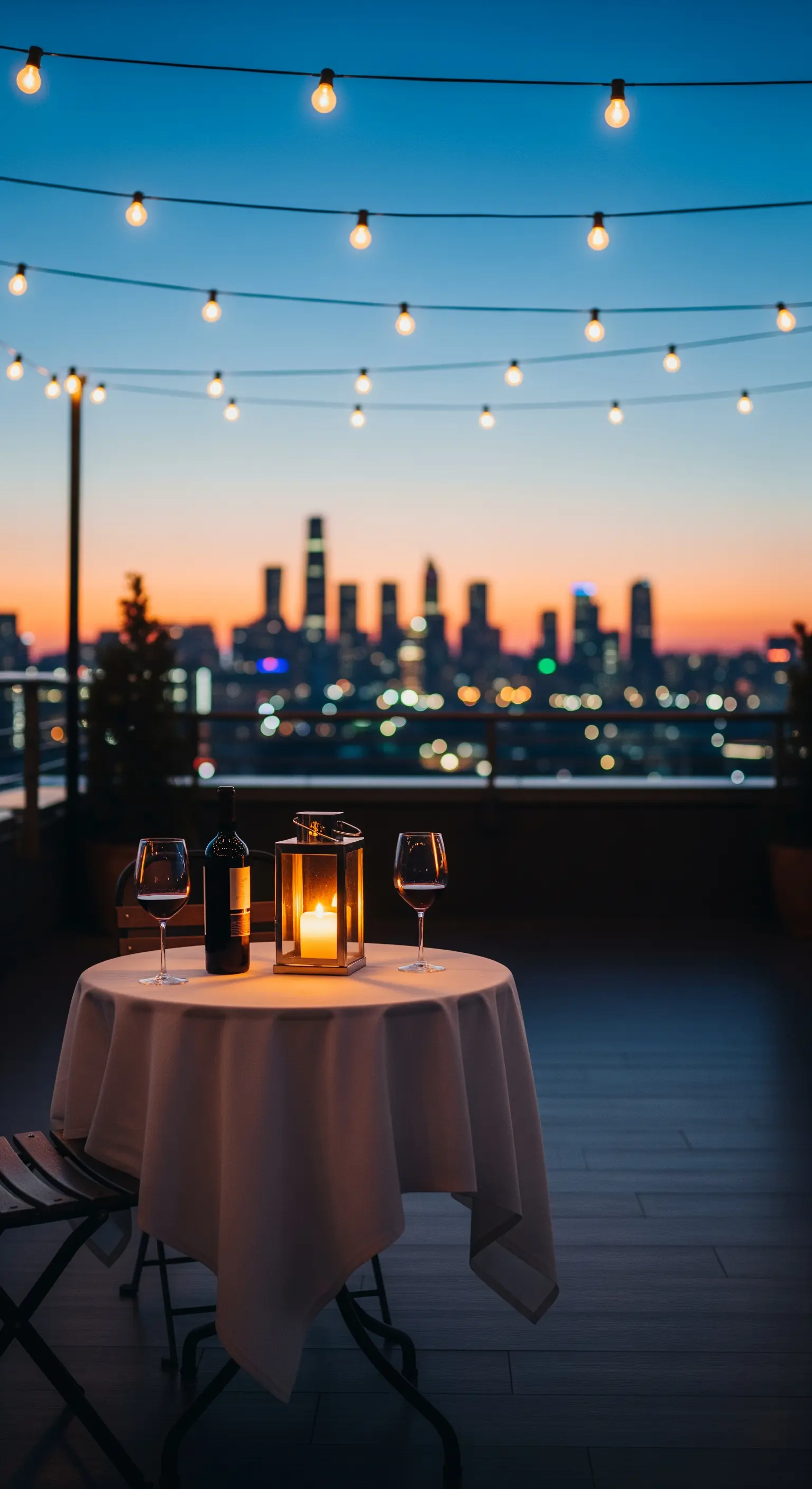 Dachterrasse bei Sonnenuntergang mit Lichterketten und Wein