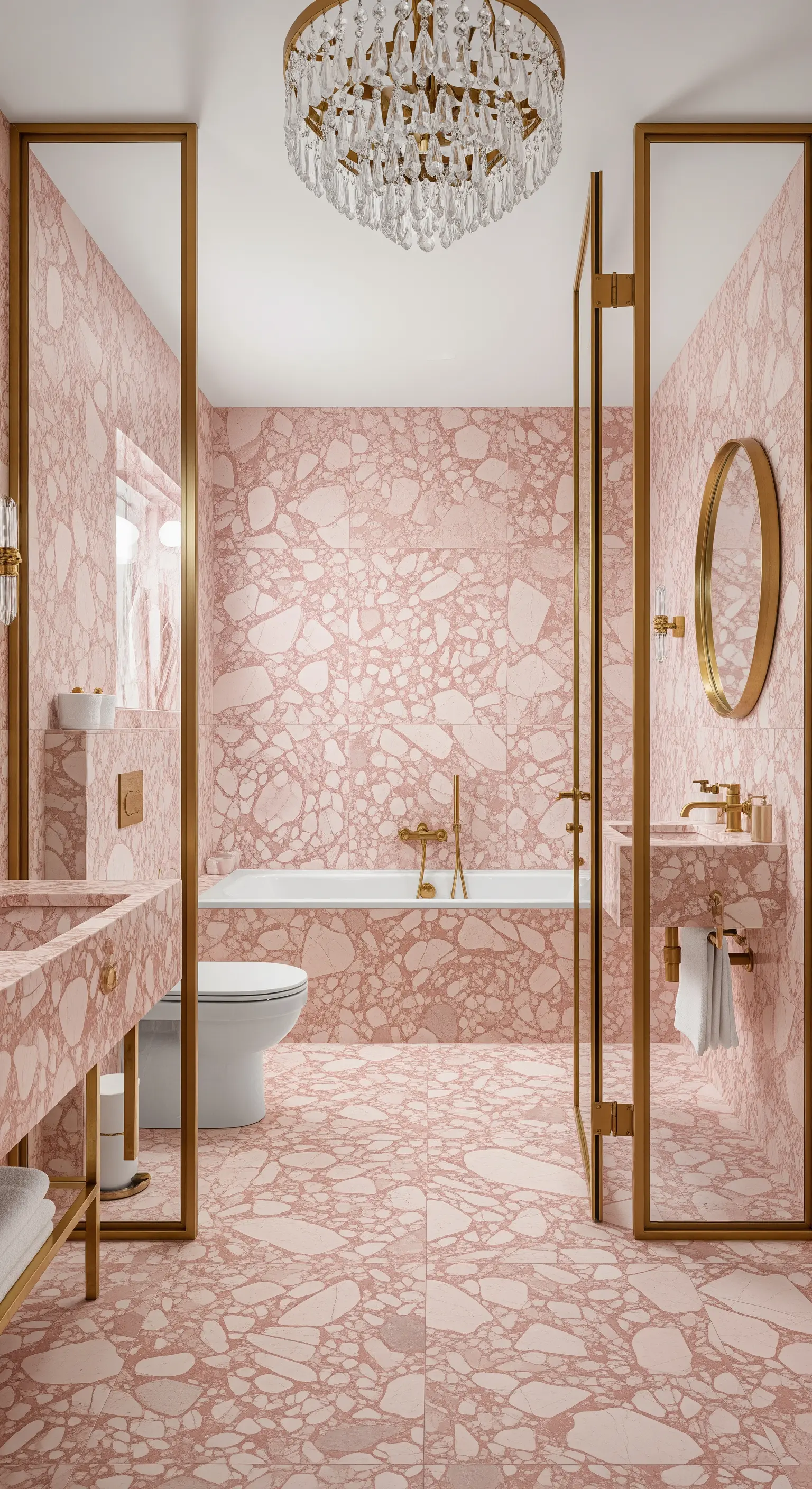 Badezimmer komplett in rosa Terrazzo mit Goldarmaturen