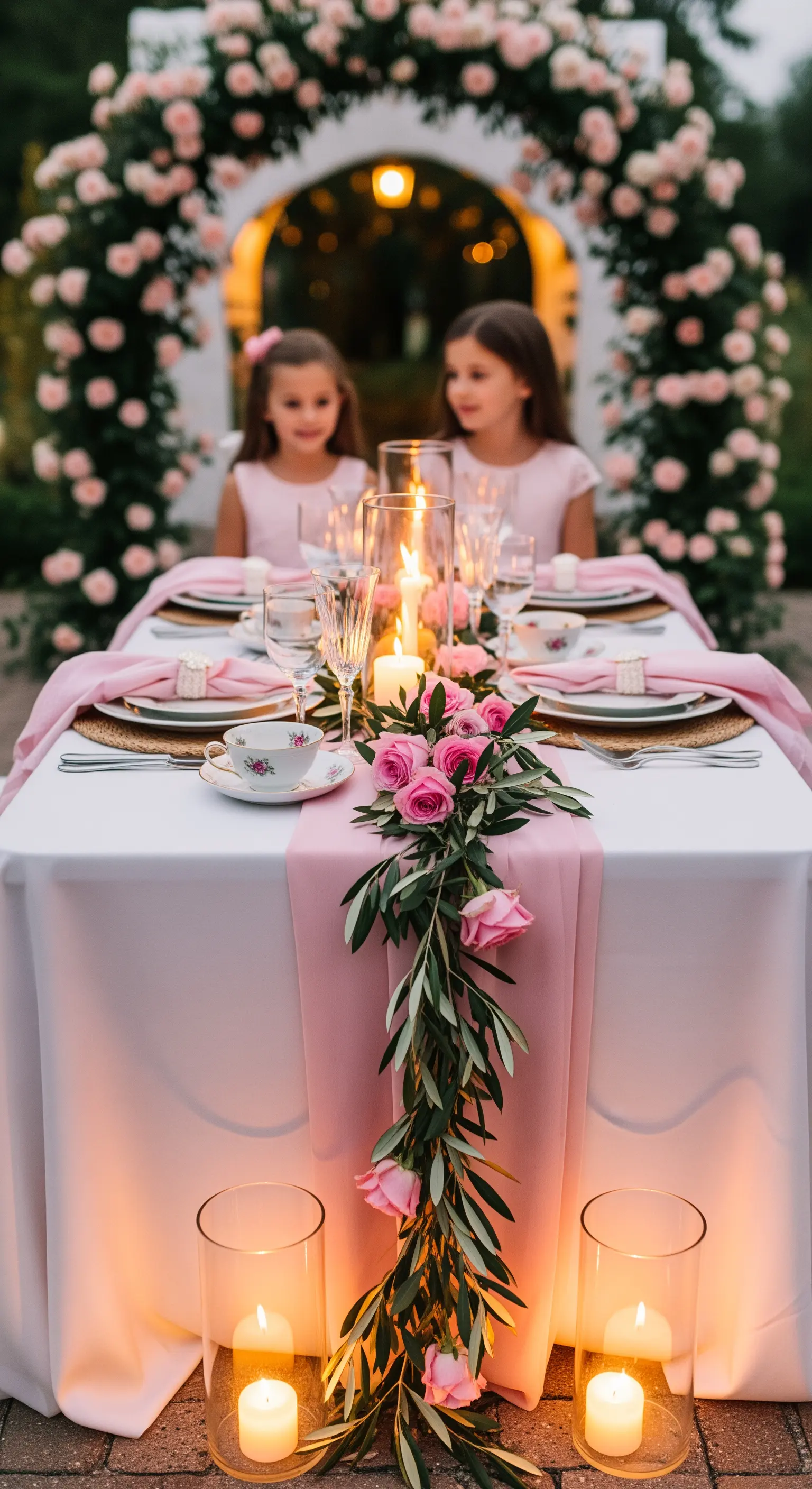 Tisch mit rosa Läufer und Rosen unter Blumenbogen