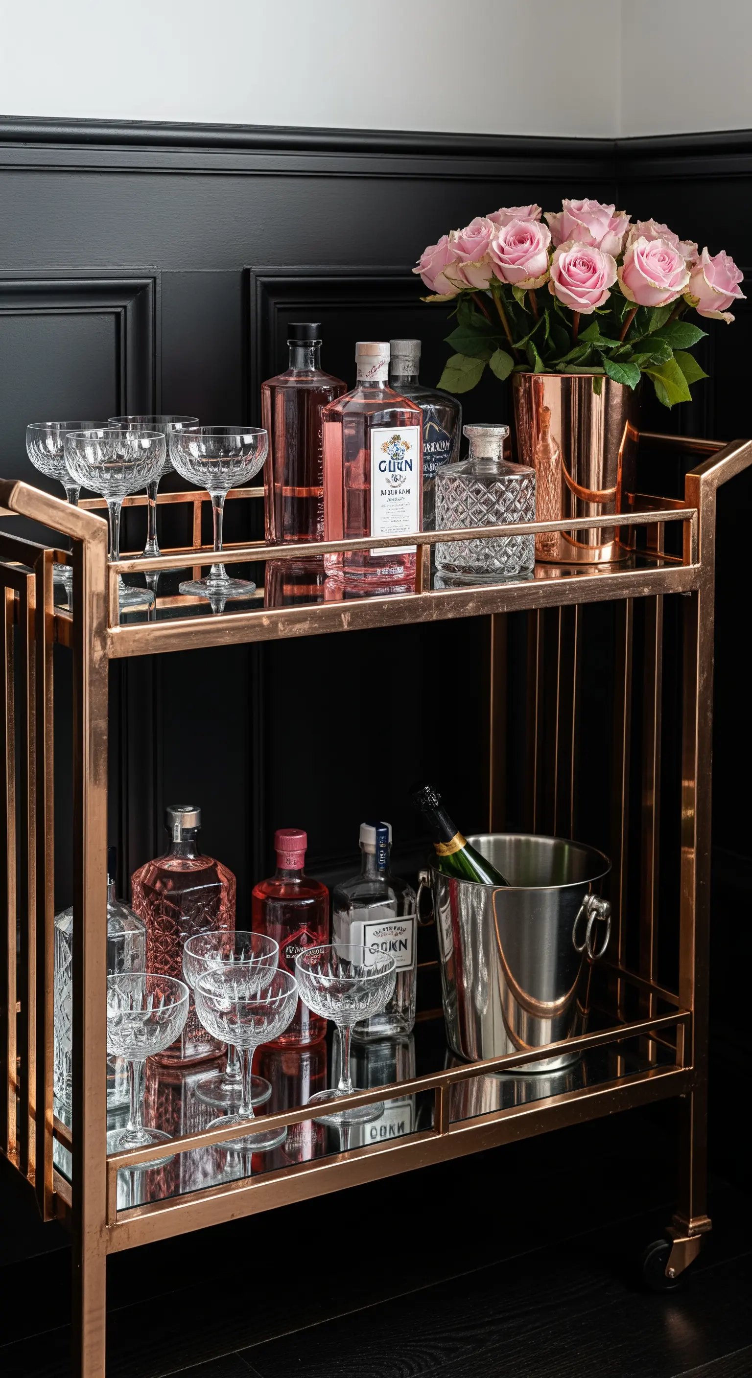 Roségoldener Barwagen vor schwarzer Wand mit rosa Rosen