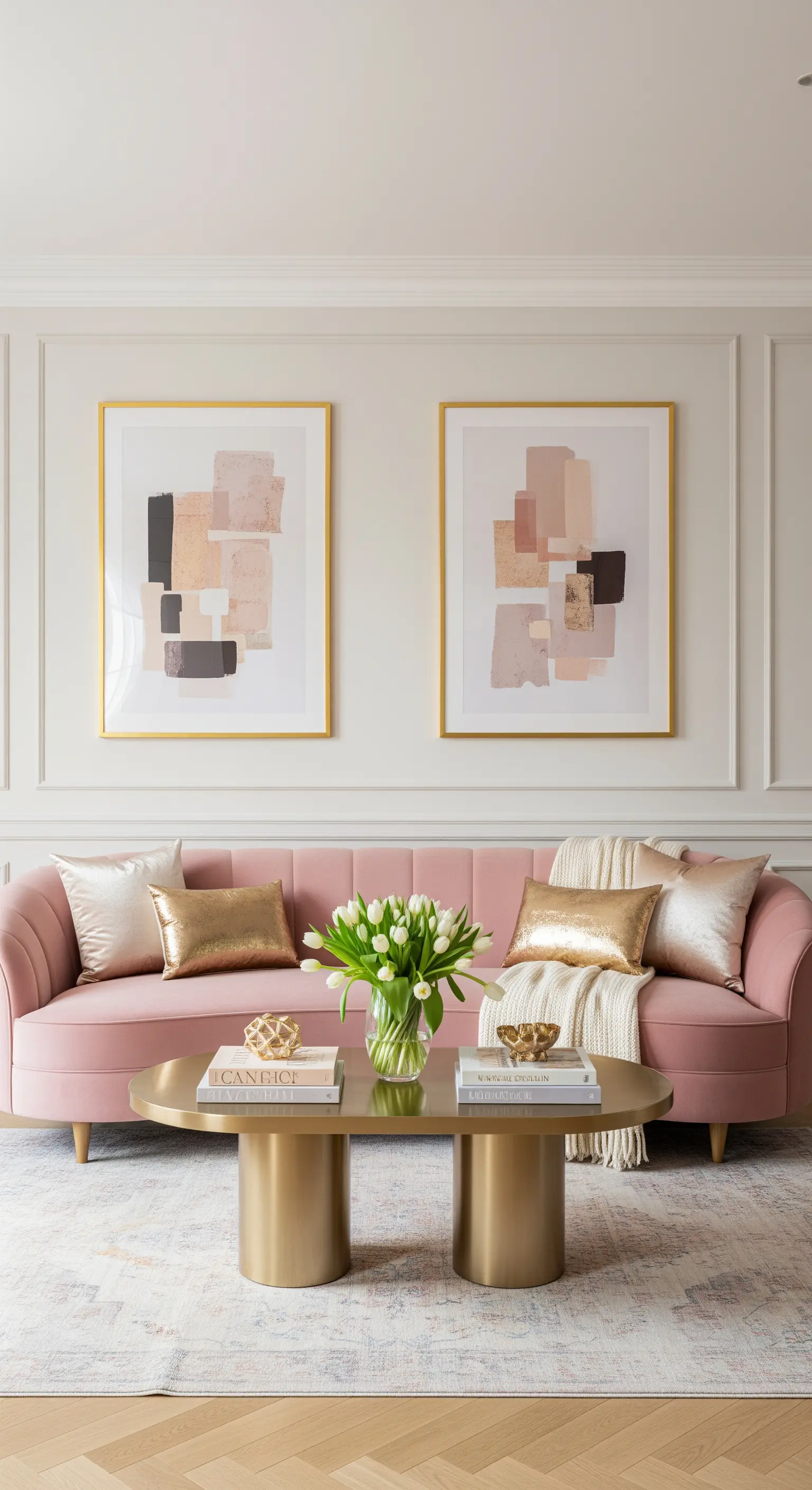 Rosa Samtsofa mit goldenem Couchtisch und abstrakter Kunst