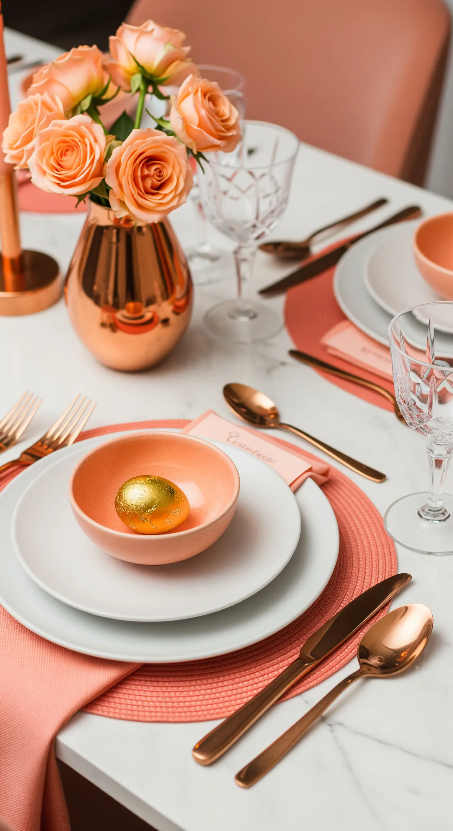 Kupfervase mit korallenfarbenen Rosen und goldenem Dekoei