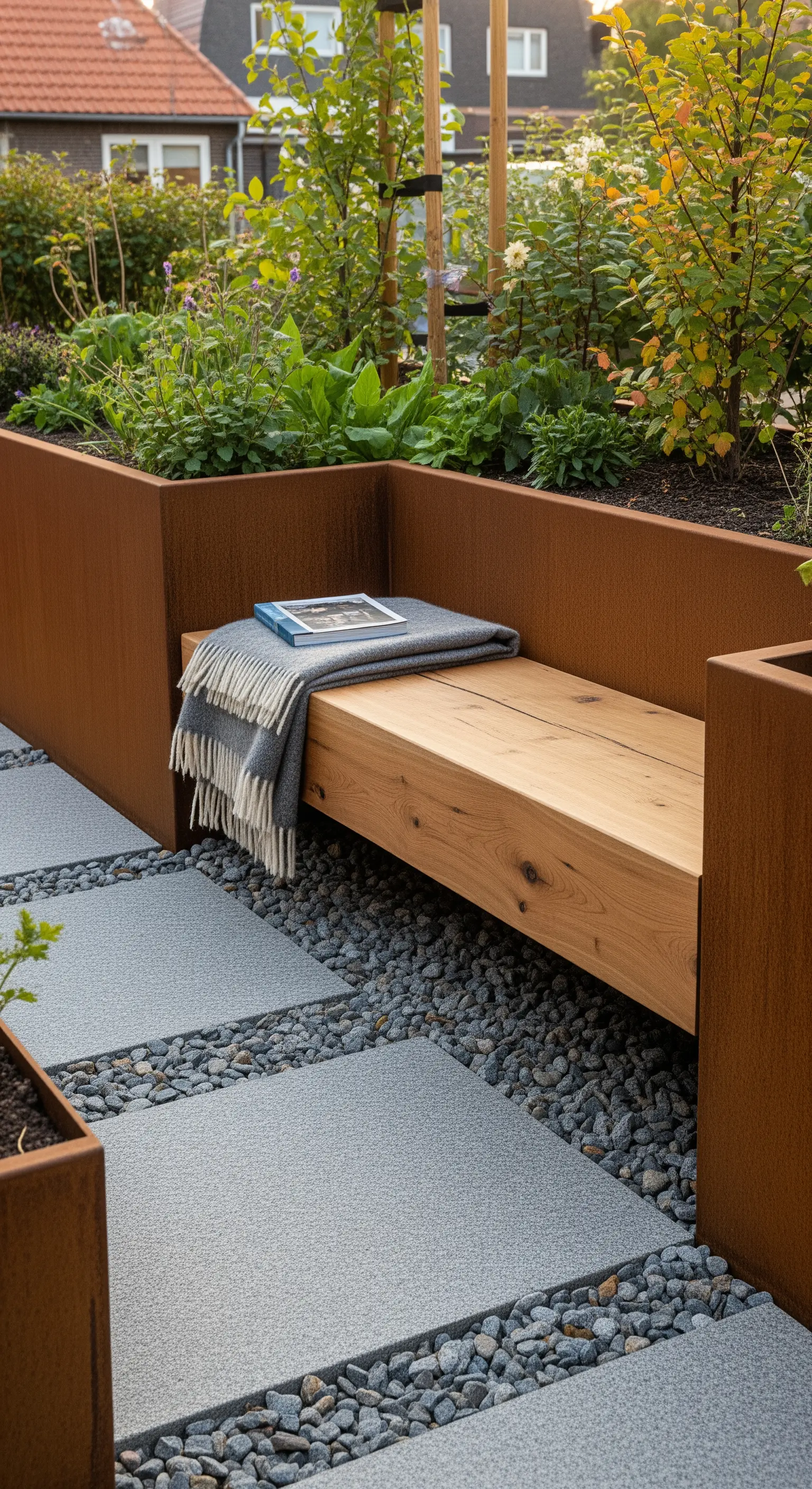 Cortenstahl Pflanzkübel mit integrierter Holzbank