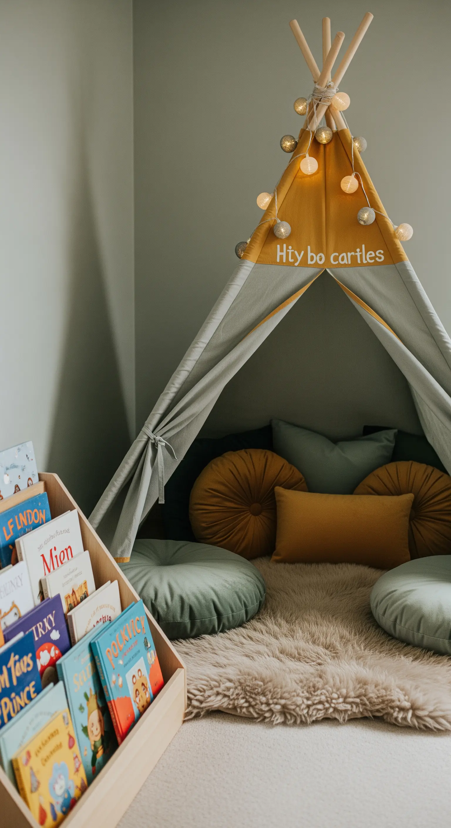 Senfgelbes Tipi-Zelt mit Lichterketten und gemütlichen Kissen