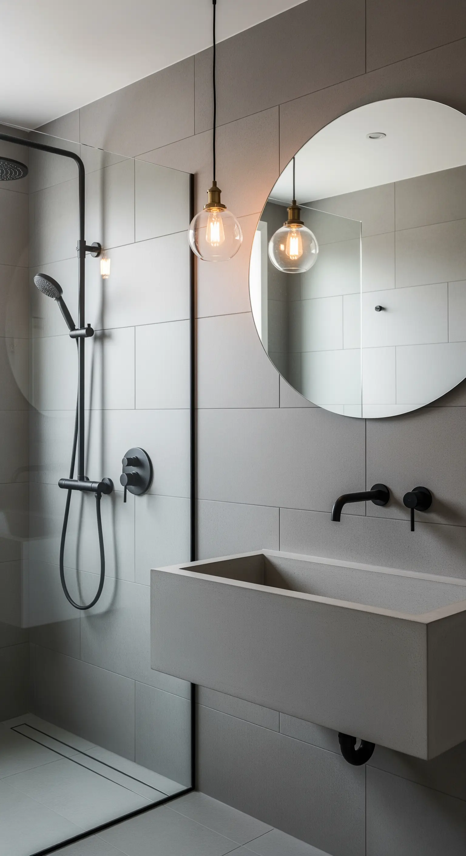 Graues Bad mit rundem Spiegel und Betonwaschbecken