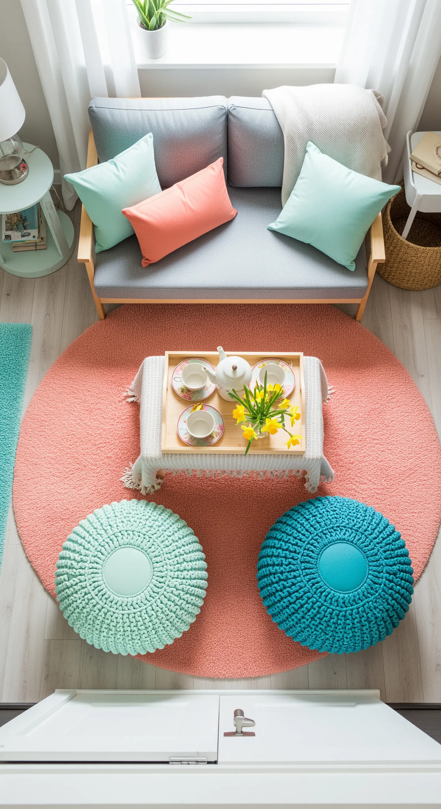 Draufsicht auf runden rosa Teppich mit Strickpoufs