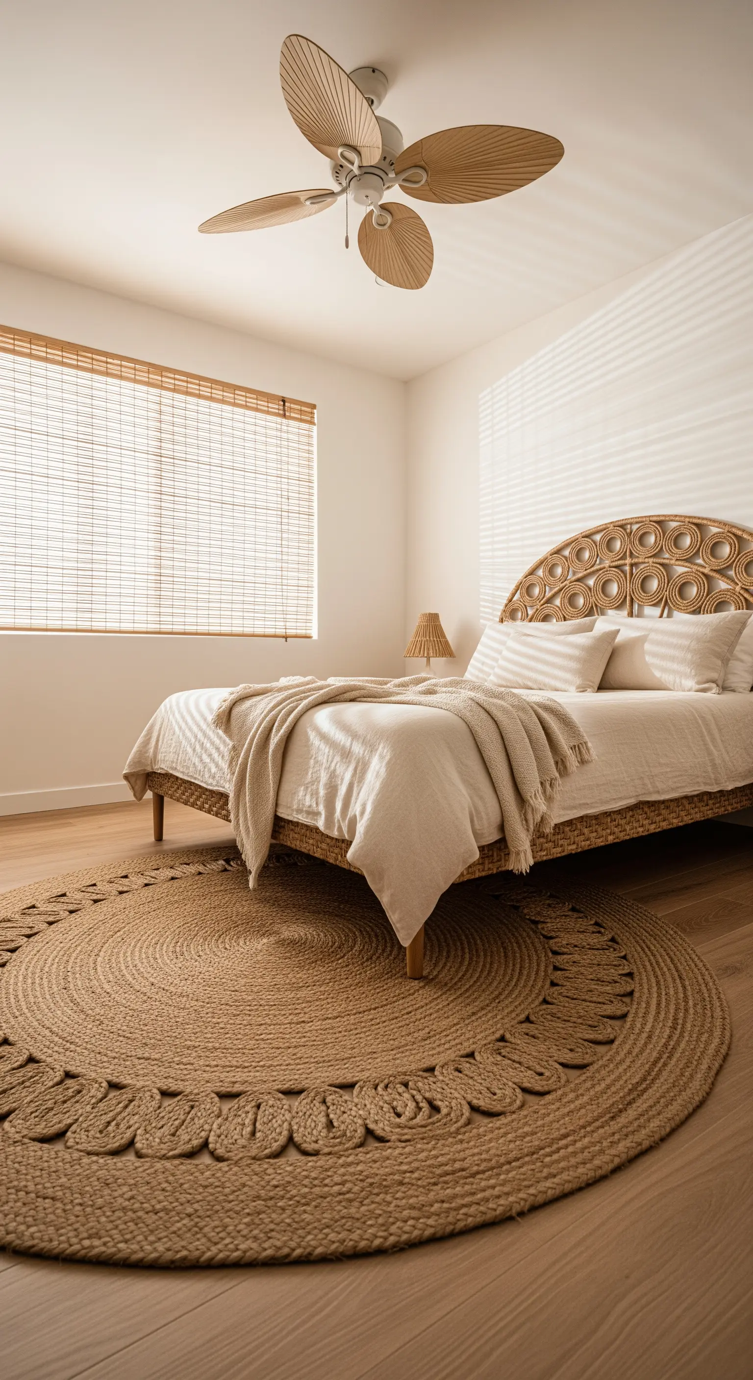 Runder Juteteppich und Rattanbett