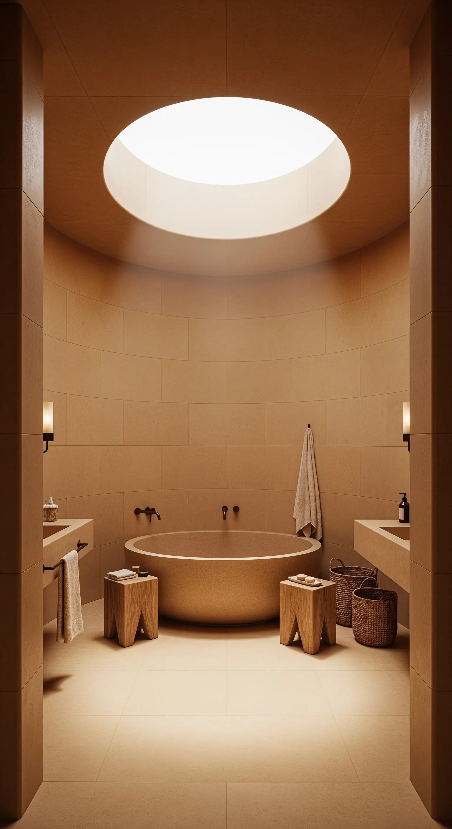 Rundes Badezimmer in Beige mit kreisförmigem Oberlicht