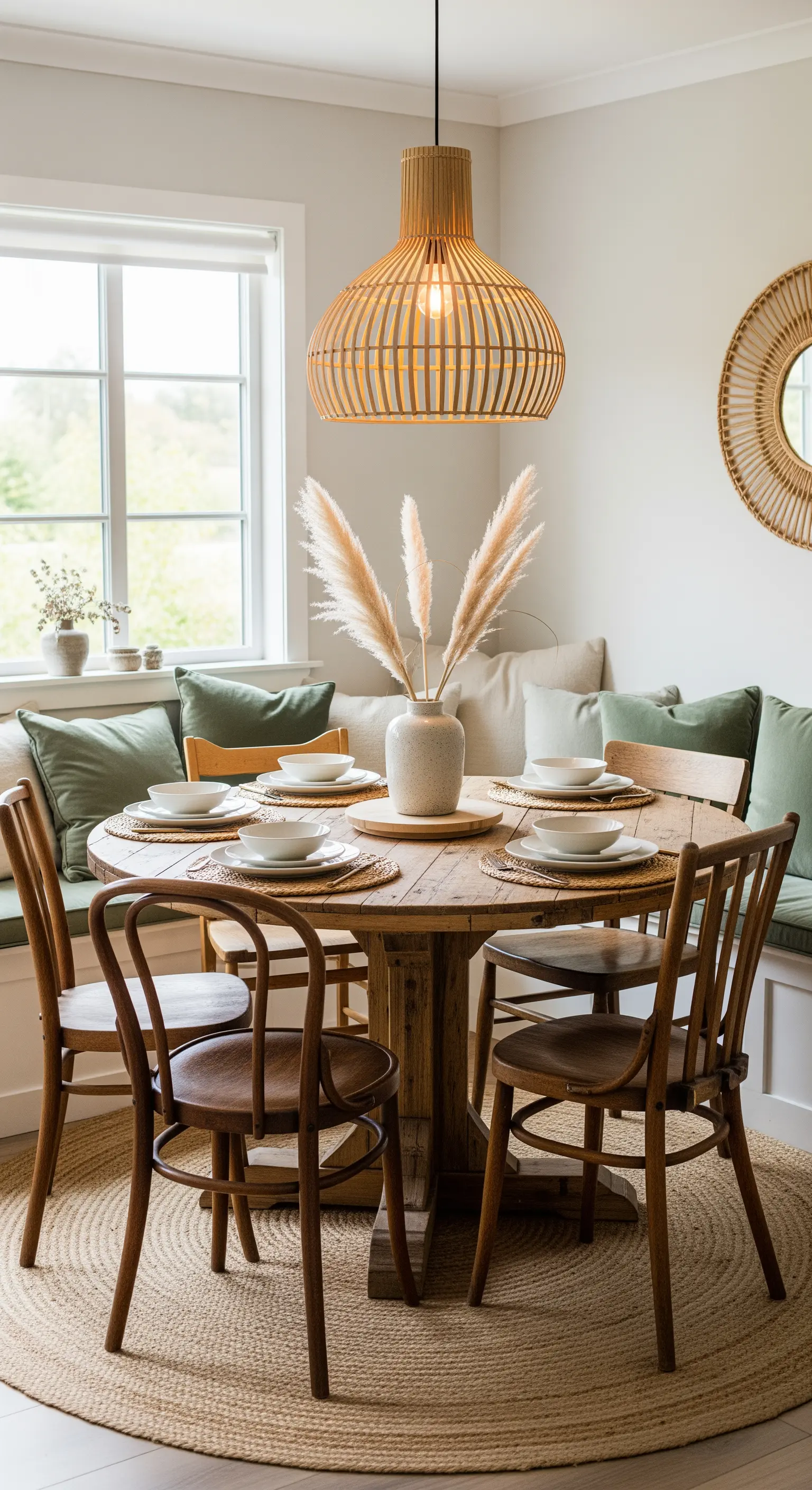 Runder Holztisch mit Bank und Pampasgras-Deko