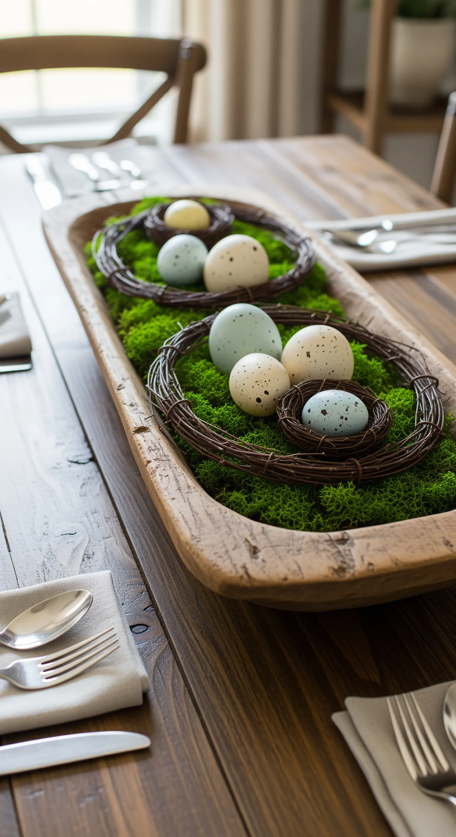 Holzschale mit Moos und gesprenkelten Ostereiern als Tischdeko