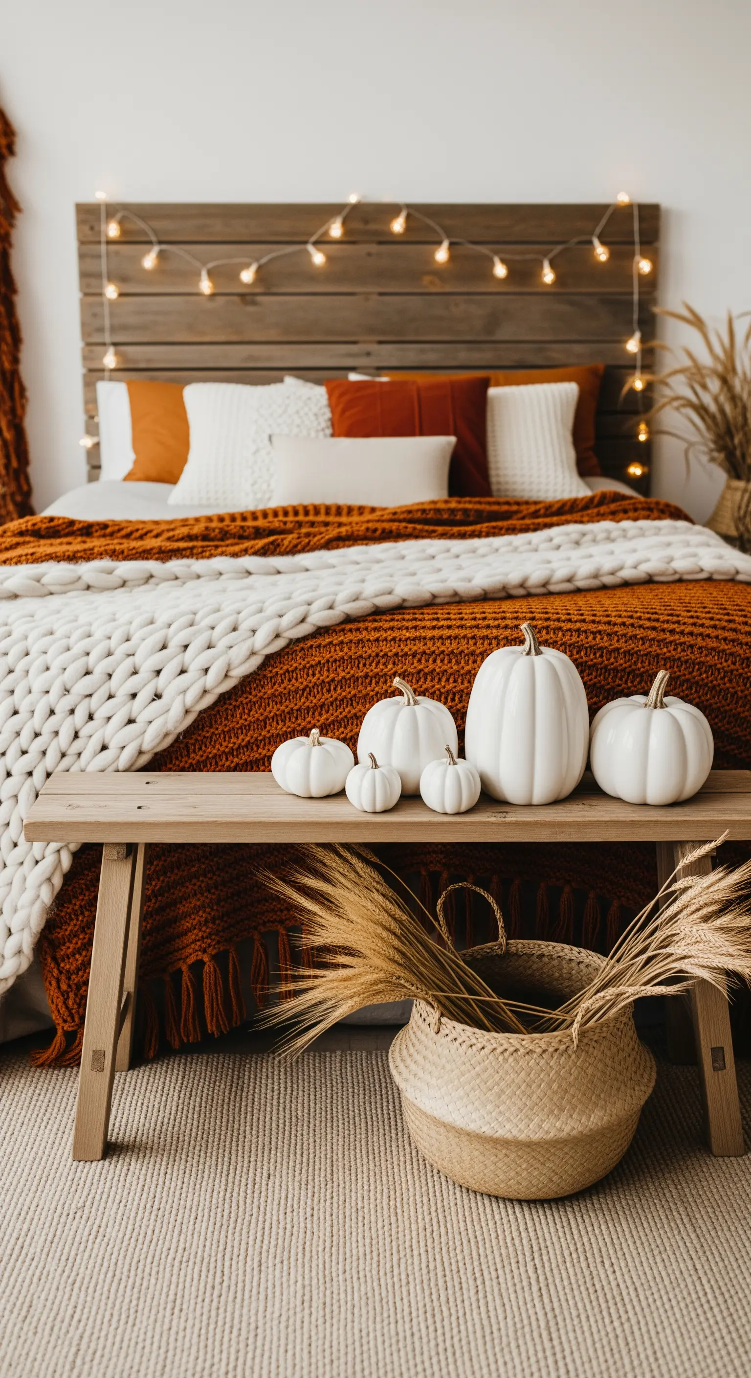 Rustikales Holzbett mit Strickdecke und Kürbis-Arrangement