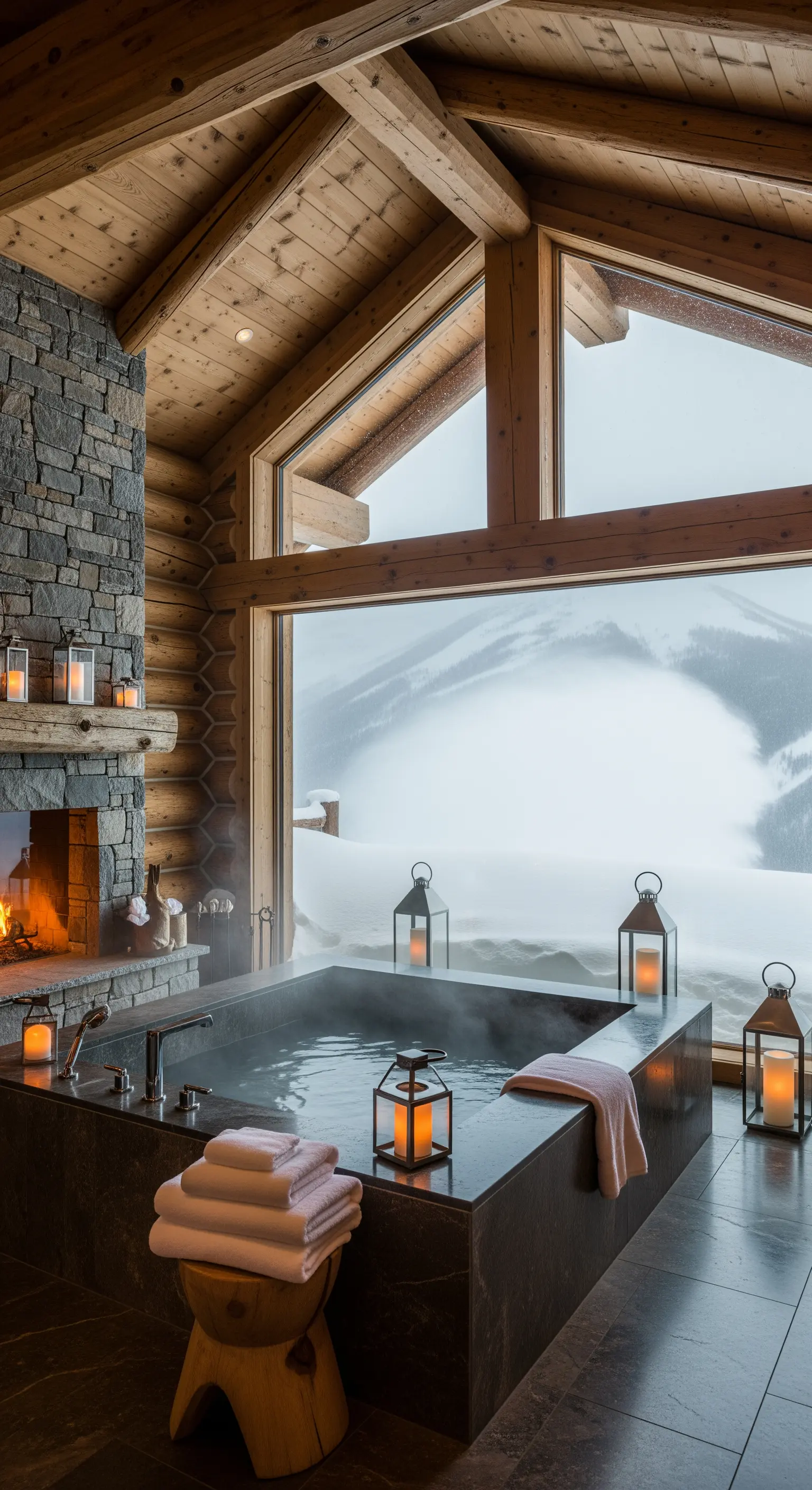 Rustikales Bad mit eingelassener Wanne und riesigem Fenster zur Piste