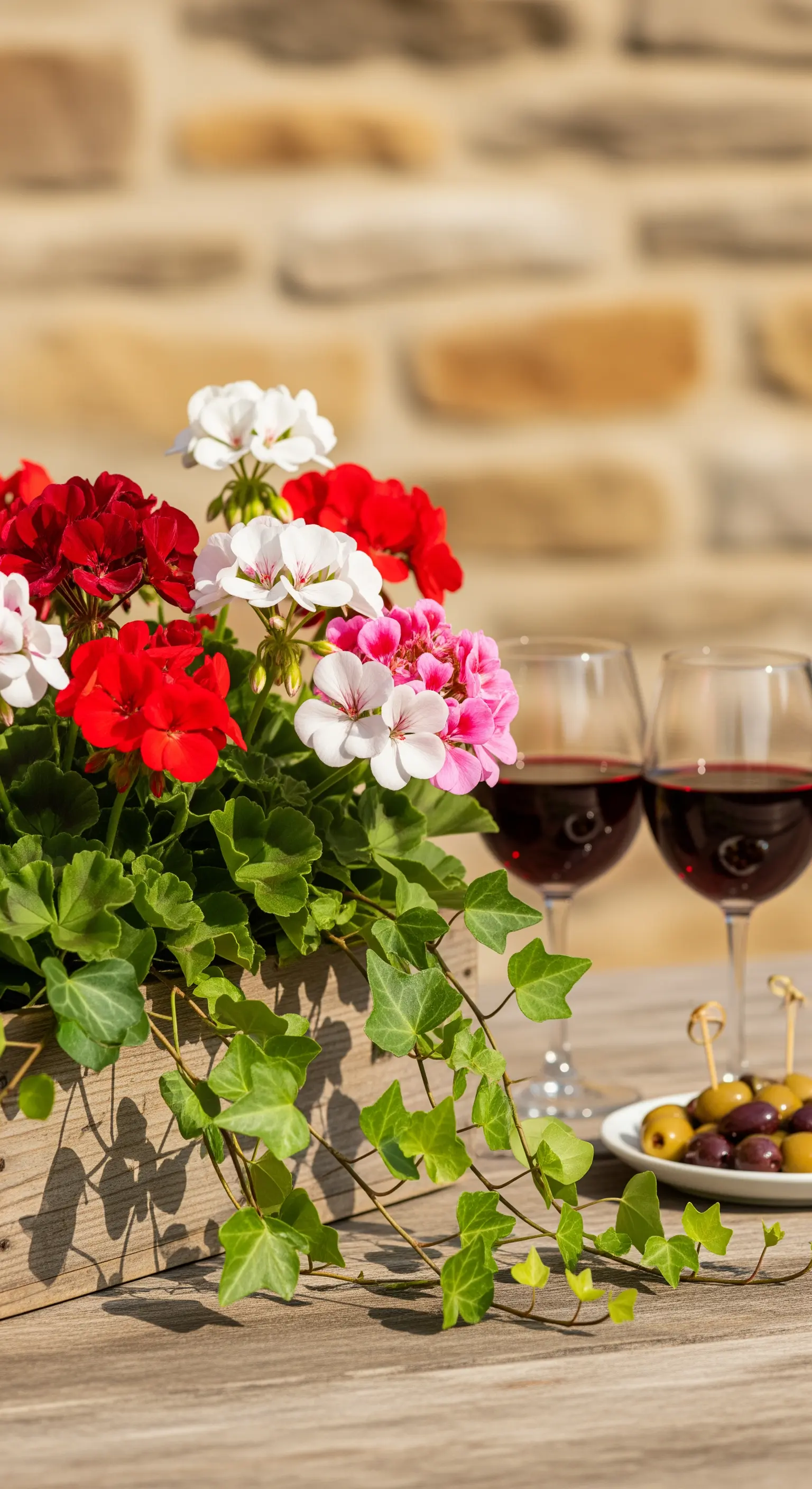 Rote Geranien in Holzkiste mit Rotweingläsern