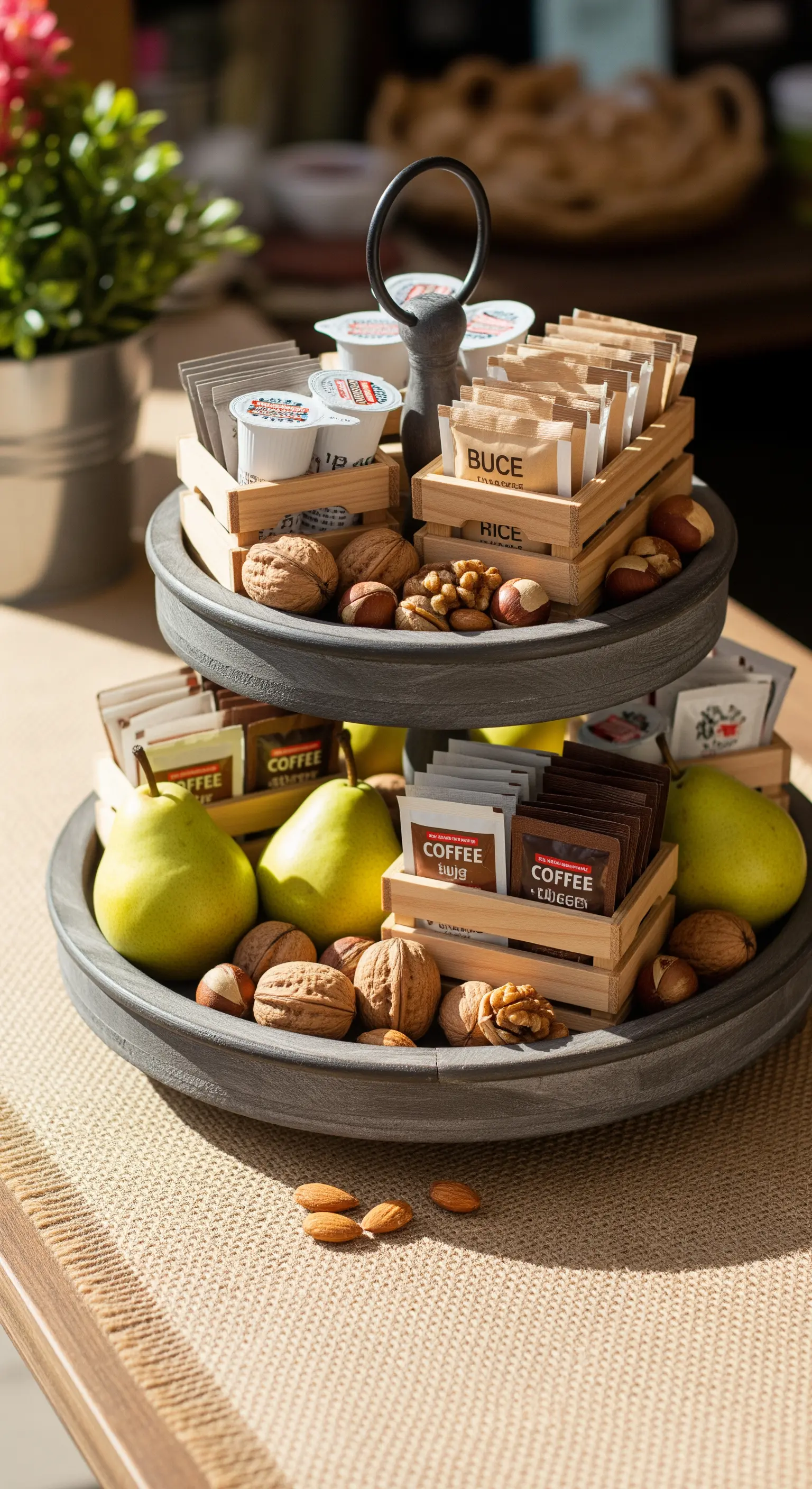 Etagere mit kleinen Holzkisten, Nüssen, Birnen und Kaffeezubehör