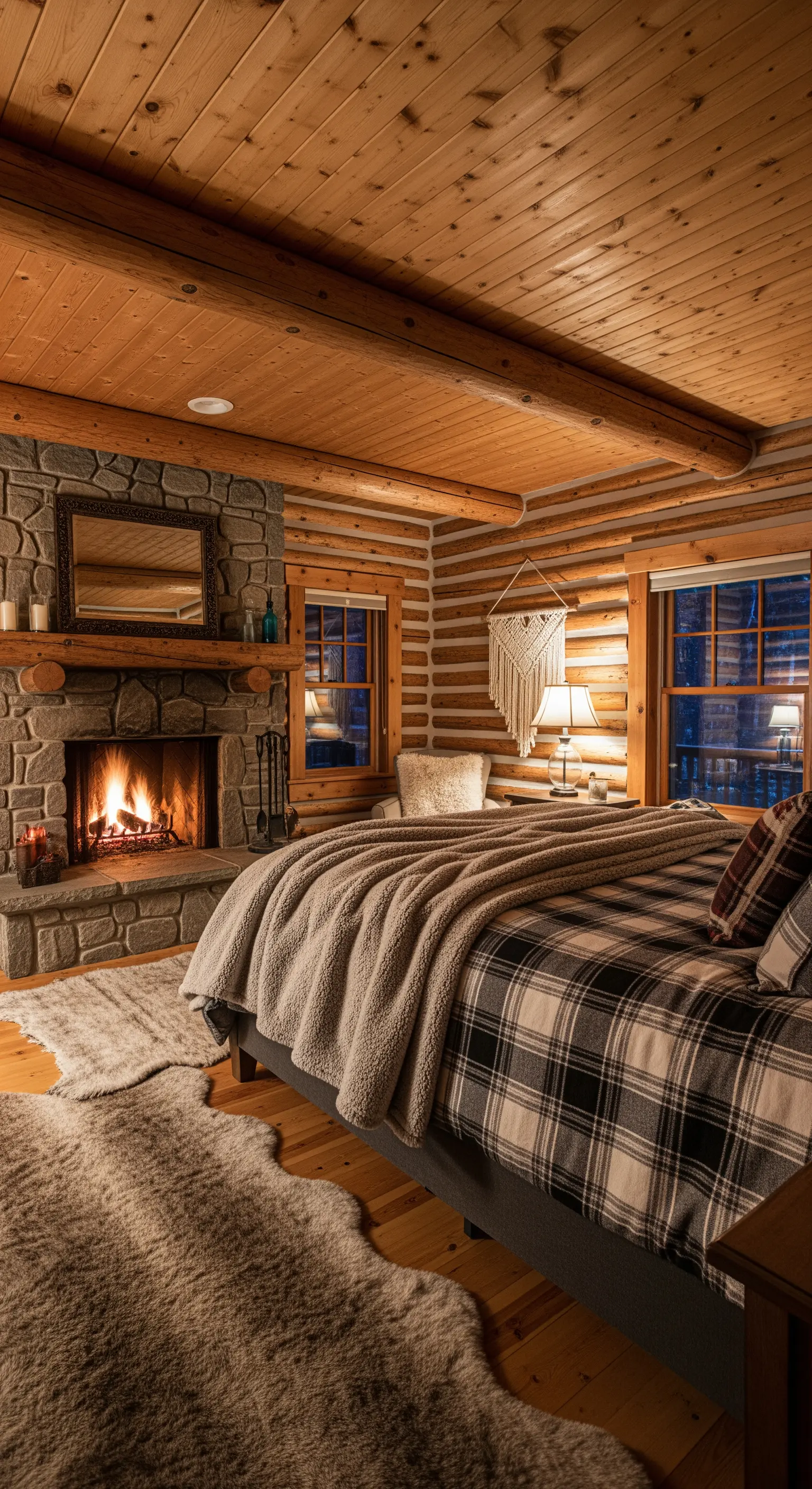 Rustikales Schlafzimmer mit Kamin, Holzverkleidung und Fellteppich