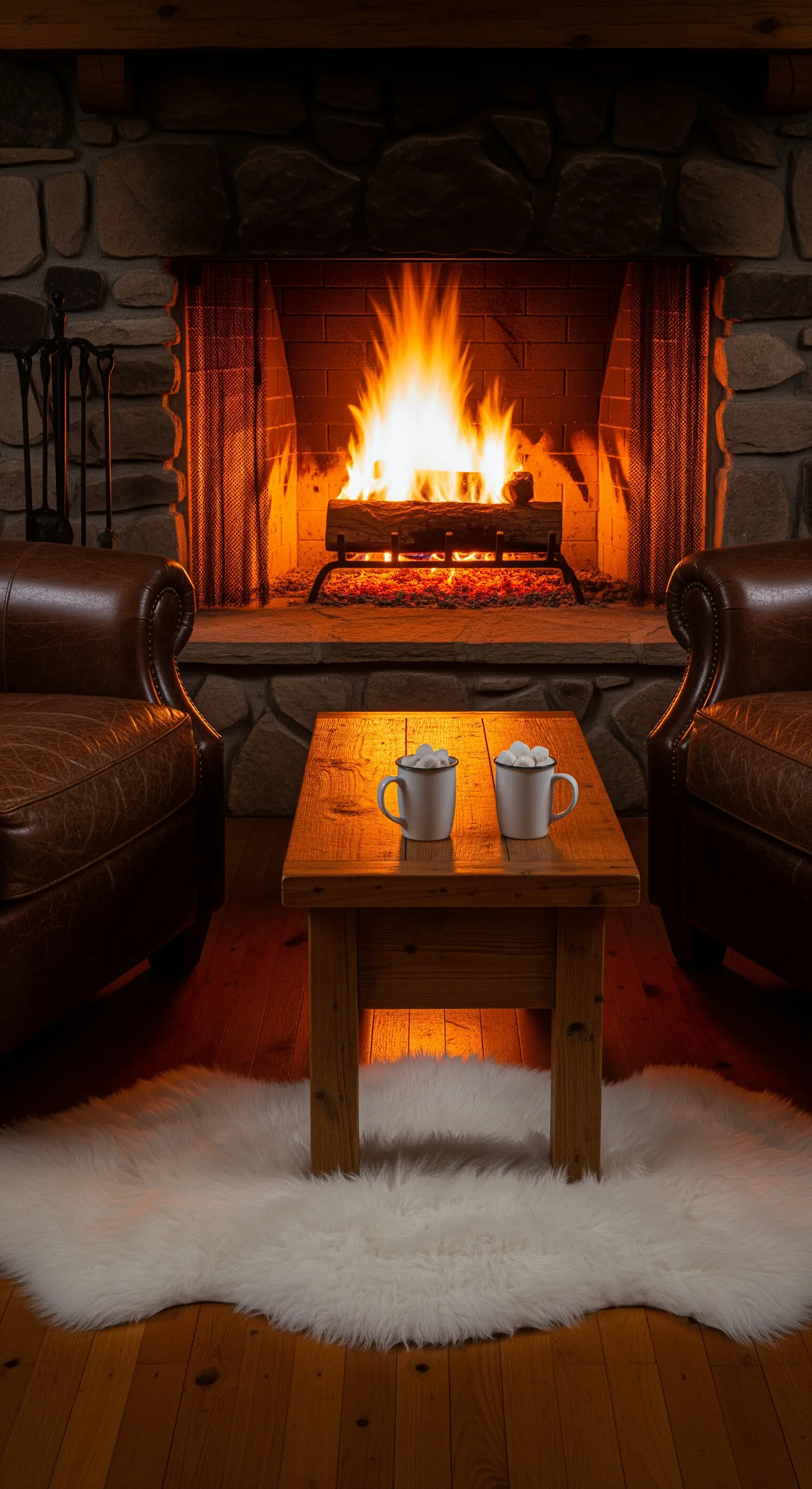 Kaminfeuer mit Ledersesseln und heißer Schokolade