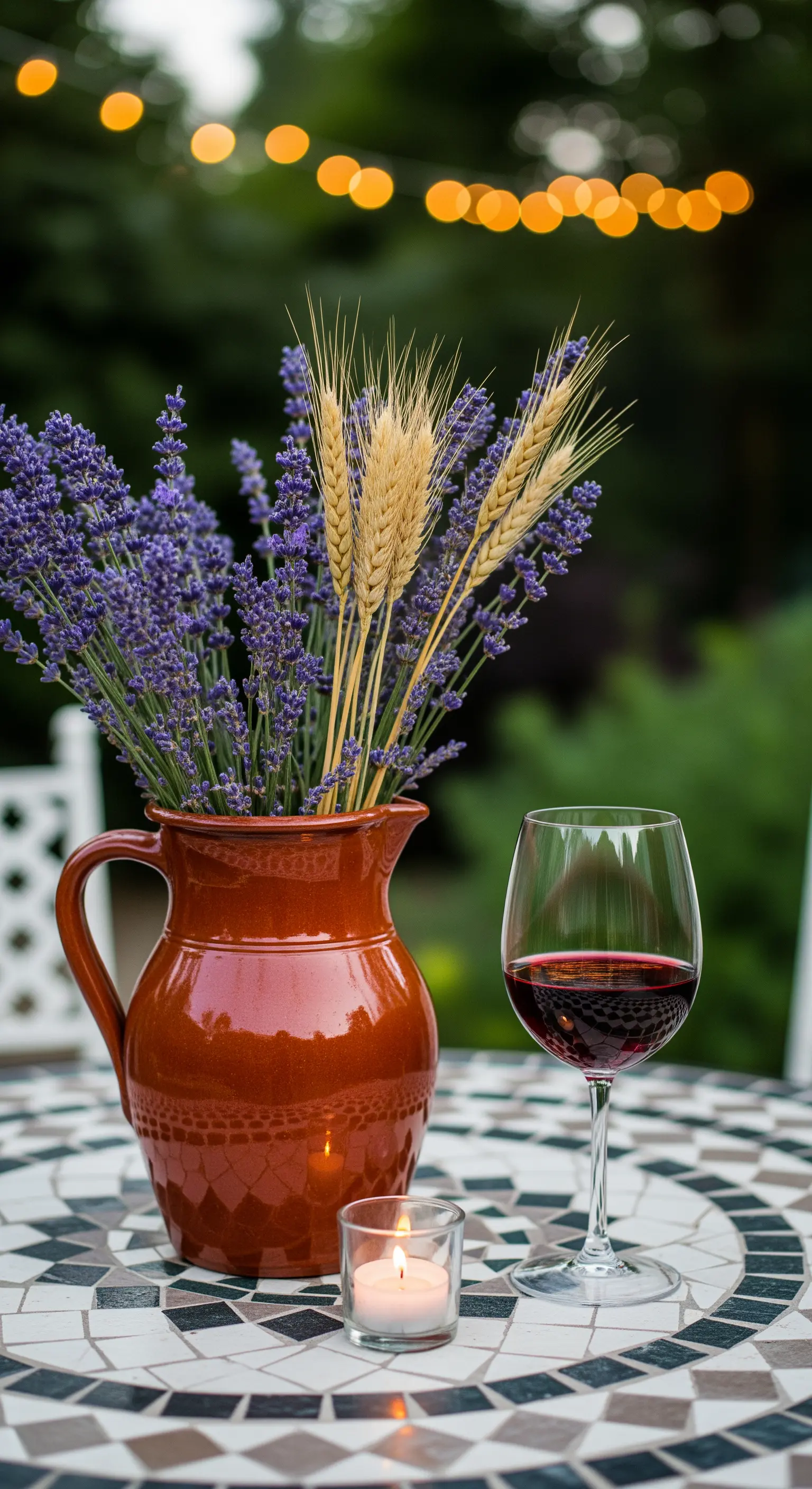 Braune Keramikkanne mit Lavendel und Weizen neben Rotweinglas auf Mosaiktisch