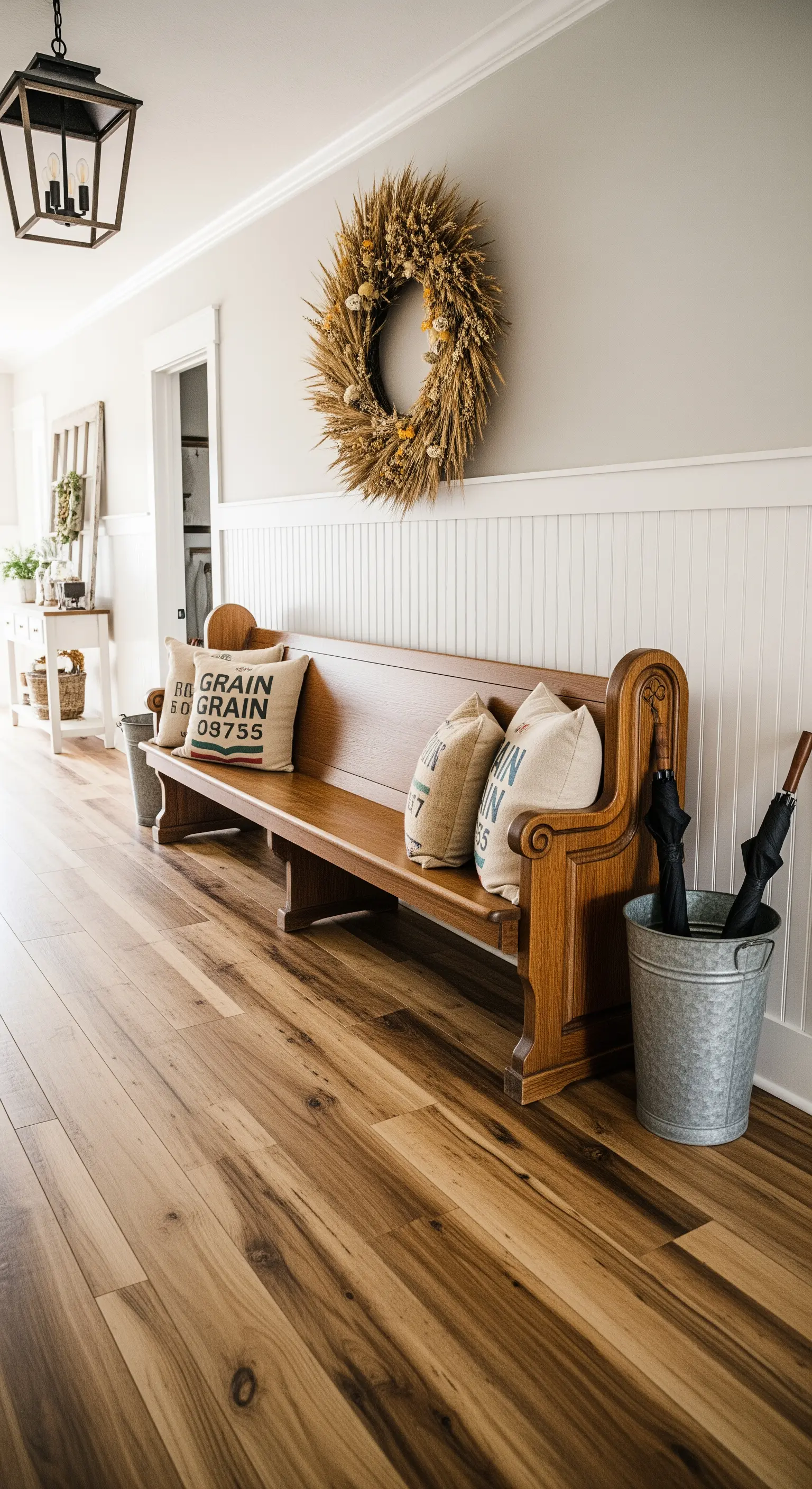 Lange Holzkirchenbank mit Getreidekranz und Kissen