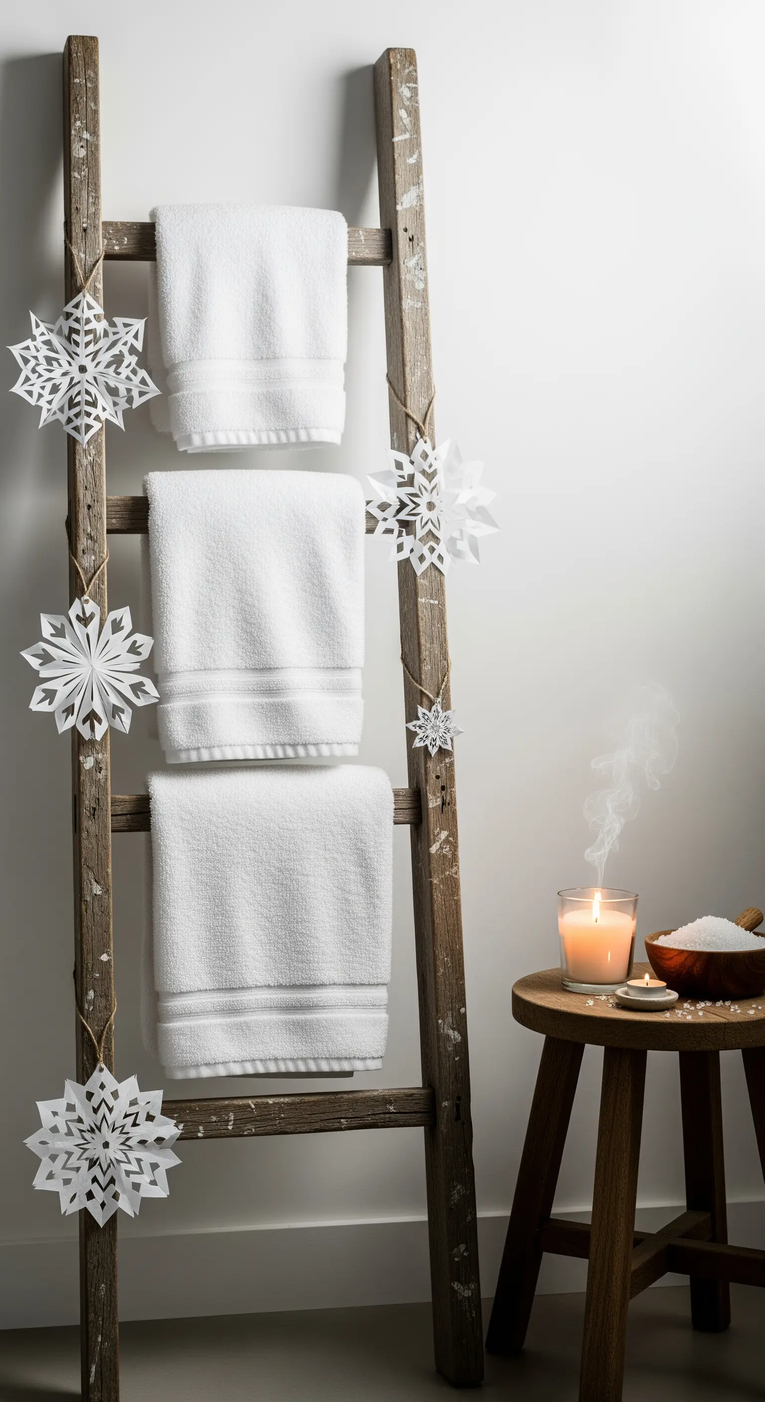 Holzleiter mit weißen Handtüchern, dekoriert mit großen Papier-Schneeflocken und Kerzen daneben.