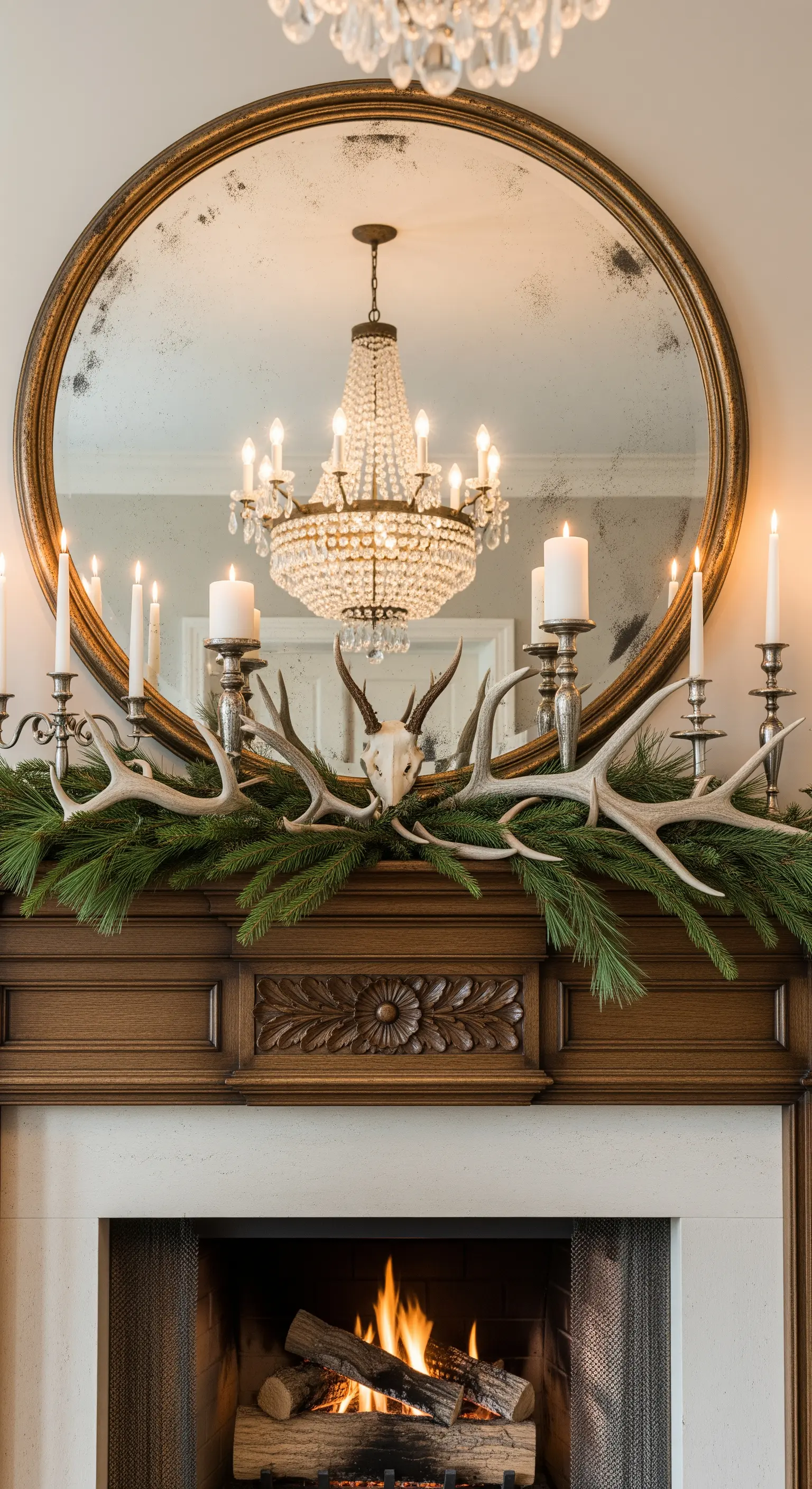 Geweihe und Tannengrün auf Holzsims