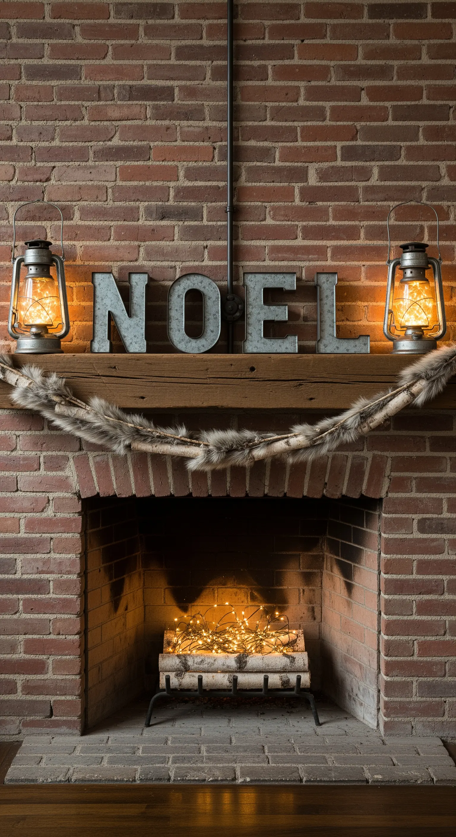 Backsteinkamin mit Fellgirlande und NOEL-Buchstaben