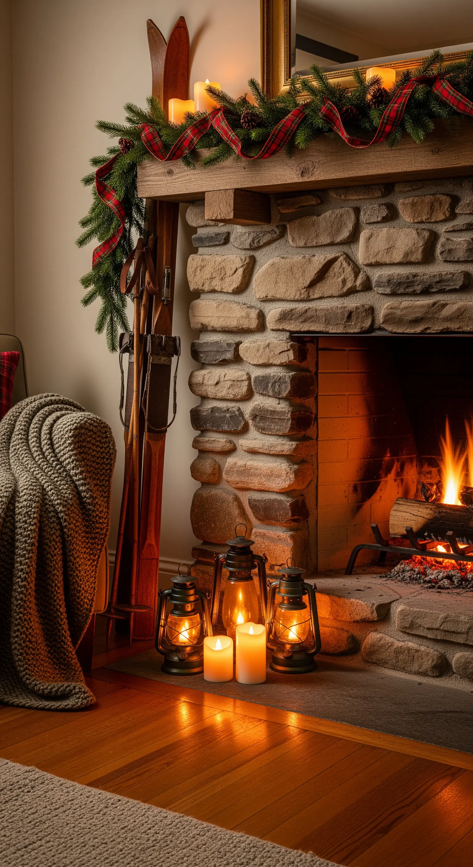Alte Holzski, Laternen und Tannengrün am Steinkamin