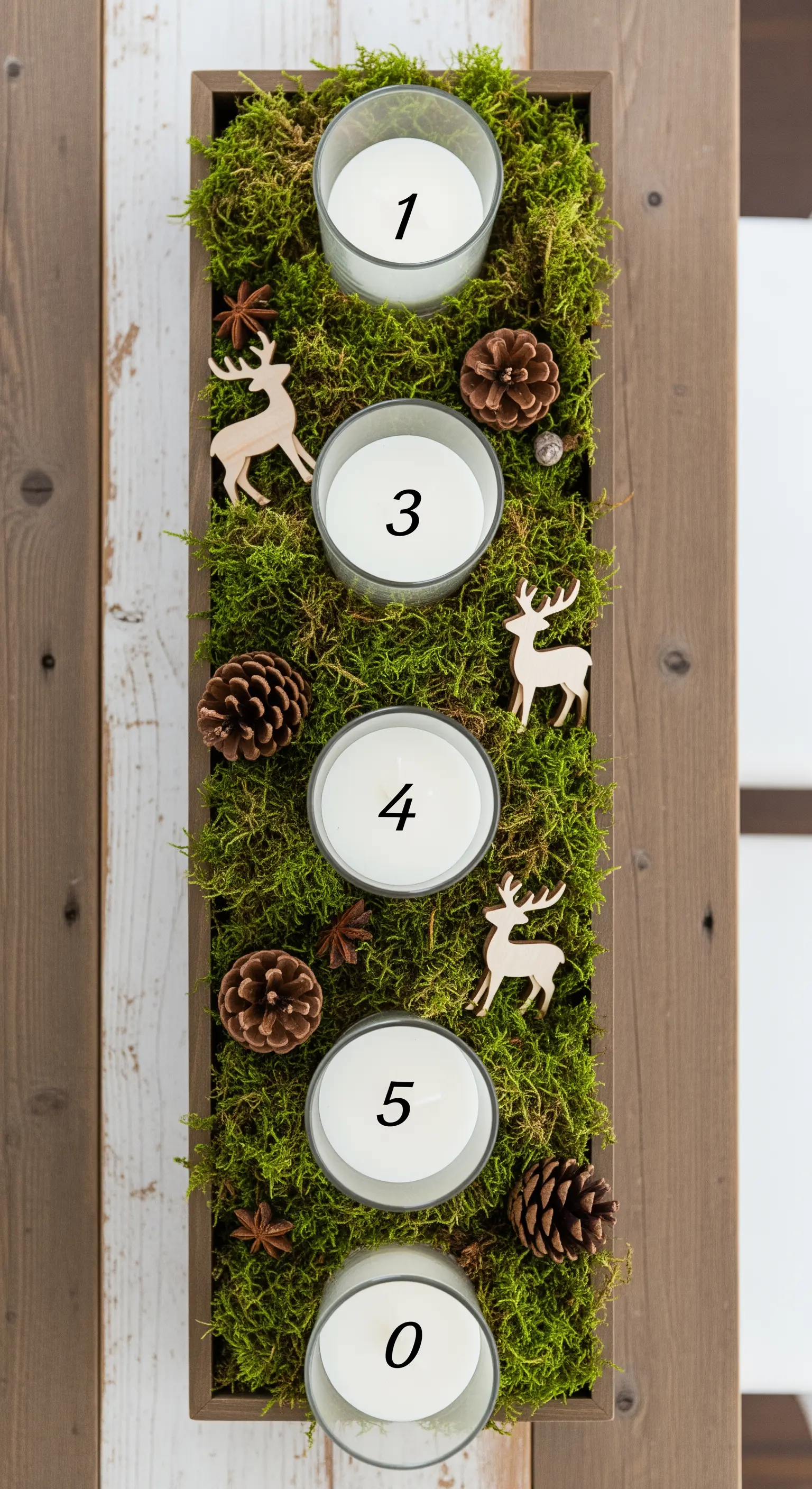 Längliche Holzbox mit Moos, nummerierten Glaskerzen und Holzrentieren